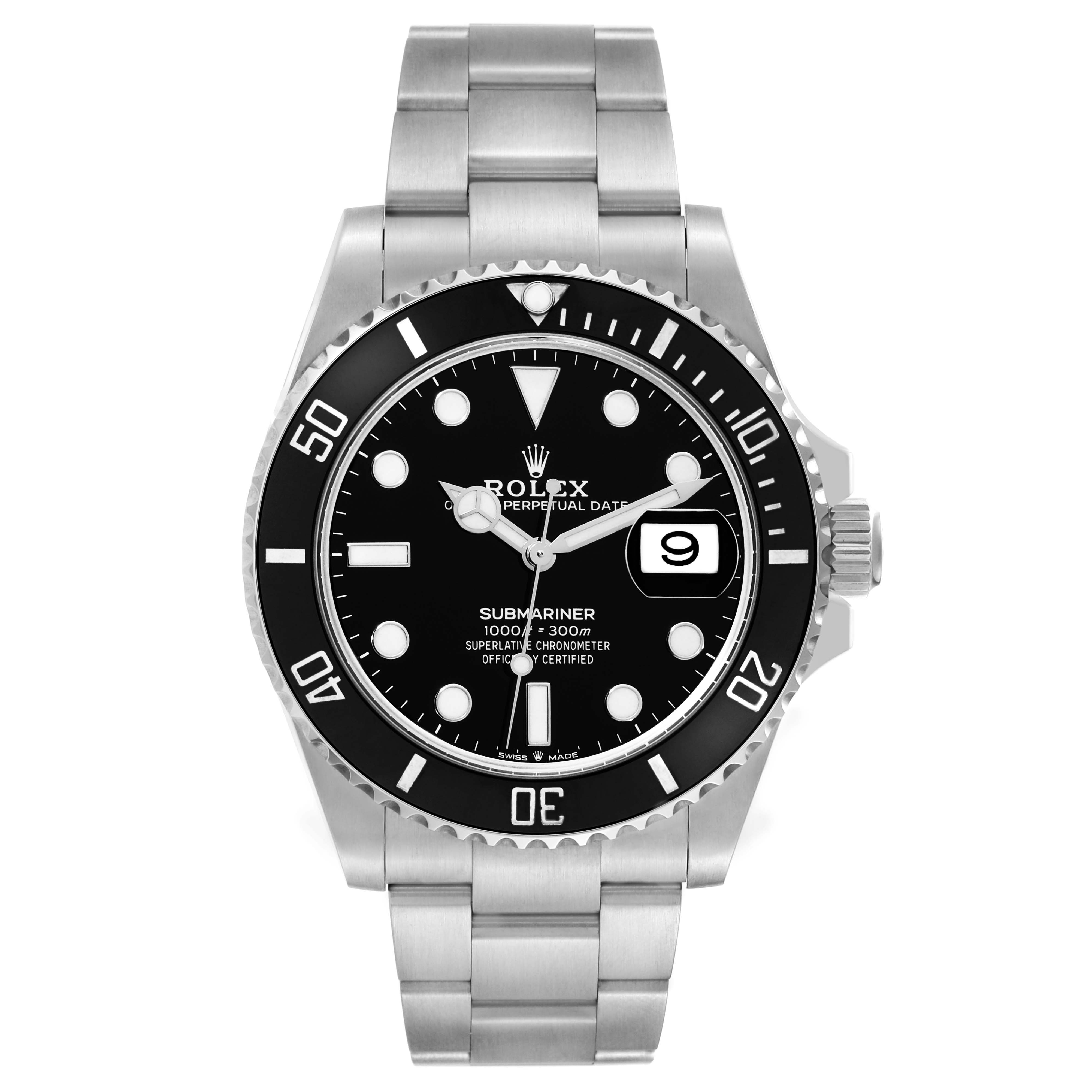 The image shows a front view of a Rolex Submariner 126610LN Men
s Stainless Steel Black Dial 126610LN Men
s Stainless Steel Black Dial watch, displaying its dial, bezel, case, and bracelet.