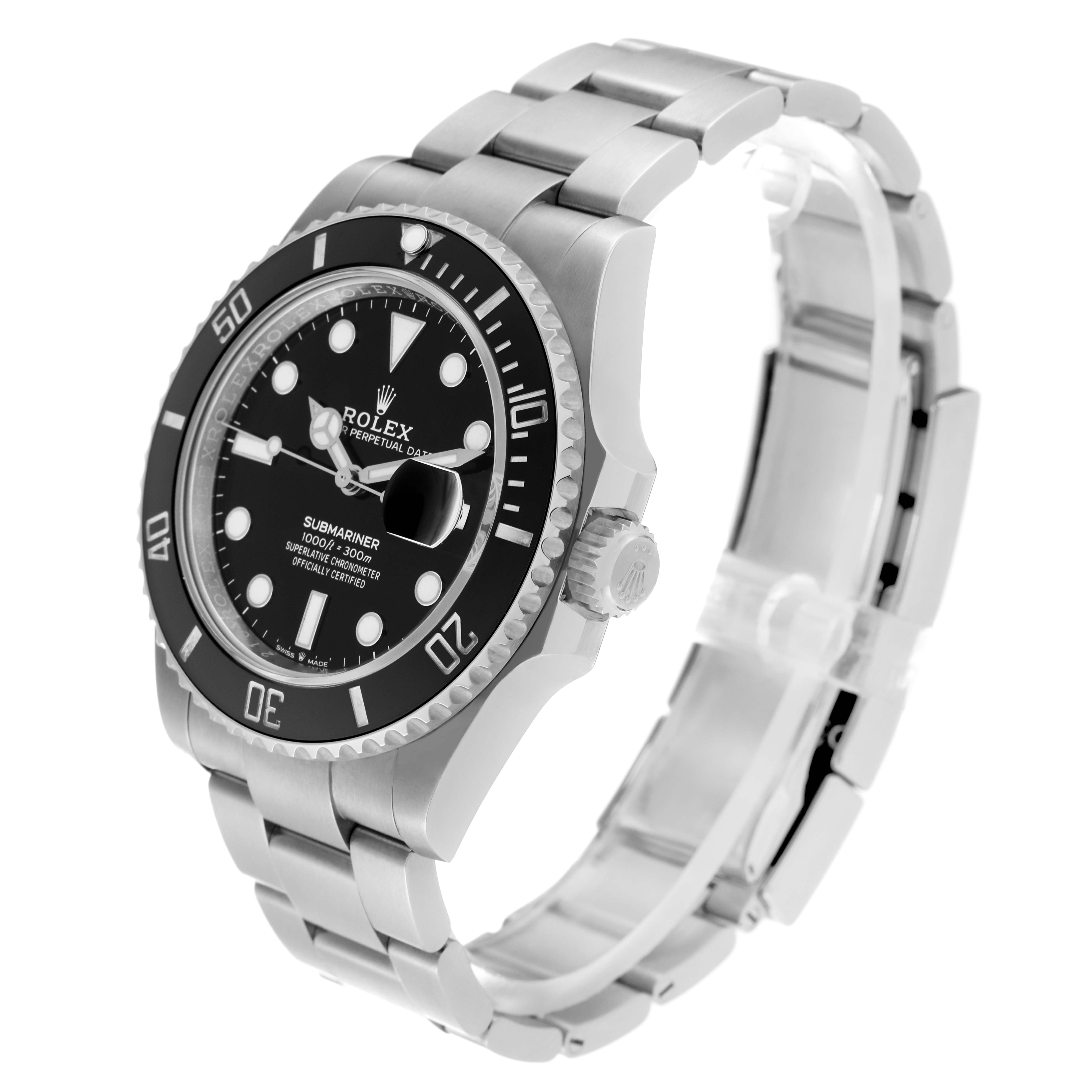 This image shows a side view of the Rolex Submariner 126610LN Men
s Stainless Steel Black Dial 126610LN Men
s Stainless Steel Black Dial watch highlighting the dial, bezel, and bracelet.