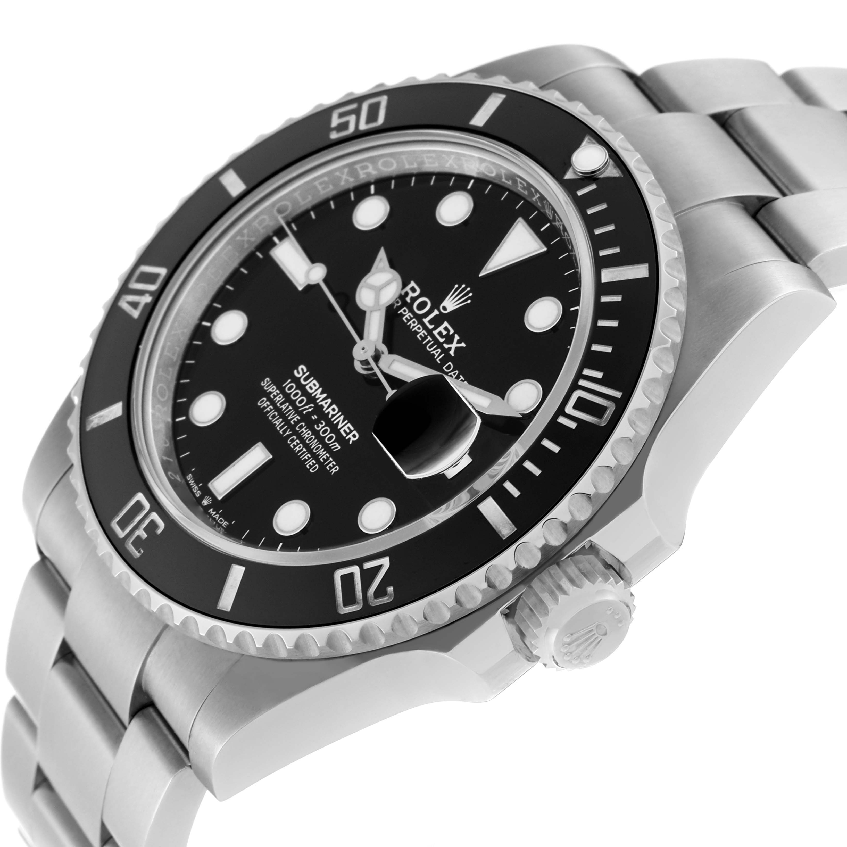 The image shows a close-up angled view of a Rolex Submariner 126610LN Men
s Stainless Steel Black Dial 126610LN Men
s Stainless Steel Black Dial watch, highlighting the bezel, dial, crown, and part of the bracelet.