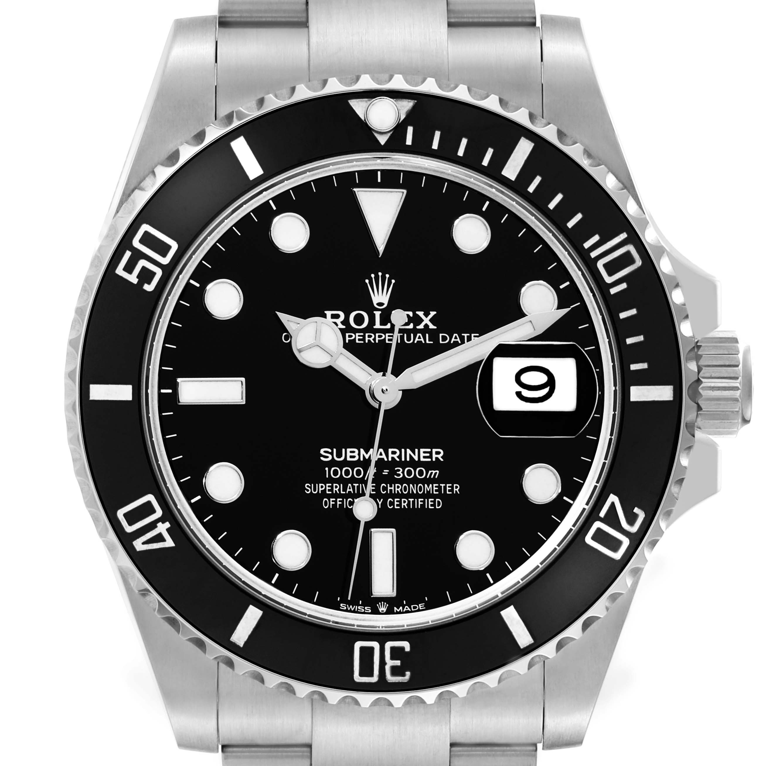 The image shows a front view of the Rolex Submariner 126610LN Men
s Stainless Steel Black Dial 126610LN Men
s Stainless Steel Black Dial watch, displaying the dial, bezel, crown, and part of the bracelet.