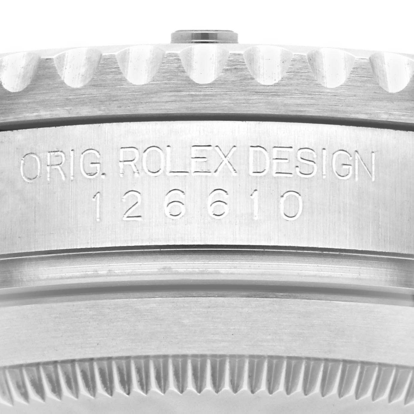 The image shows a close-up view of the side of a Rolex Submariner 126610LN Men
s Stainless Steel Black Dial 126610LN Men
s Stainless Steel Black Dial model, highlighting the engraved model number 126610.