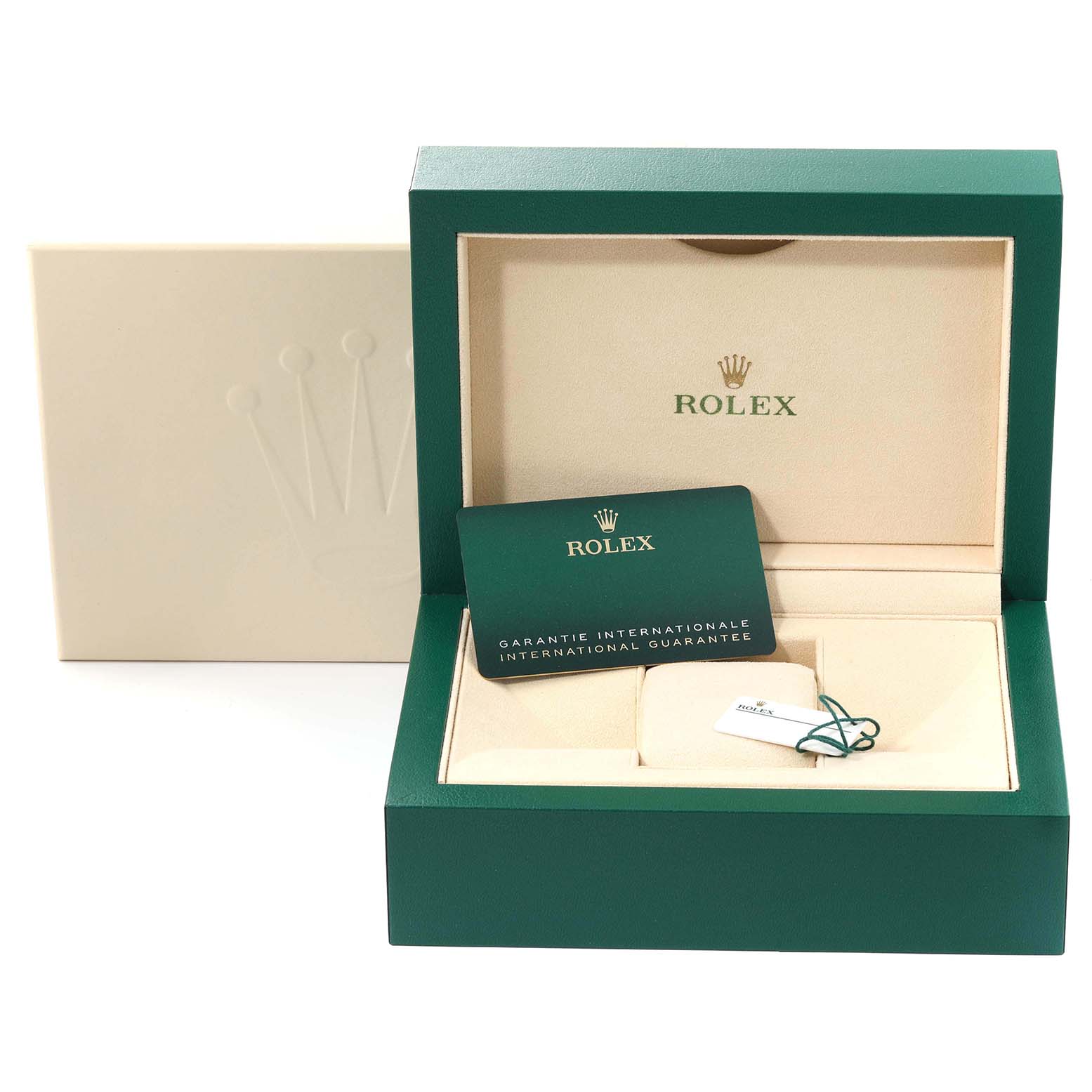 The image shows the open box of a Rolex Submariner 126610LN Men
s Stainless Steel Black Dial 126610LN Men
s Stainless Steel Black Dial watch with a warranty card and tags inside.