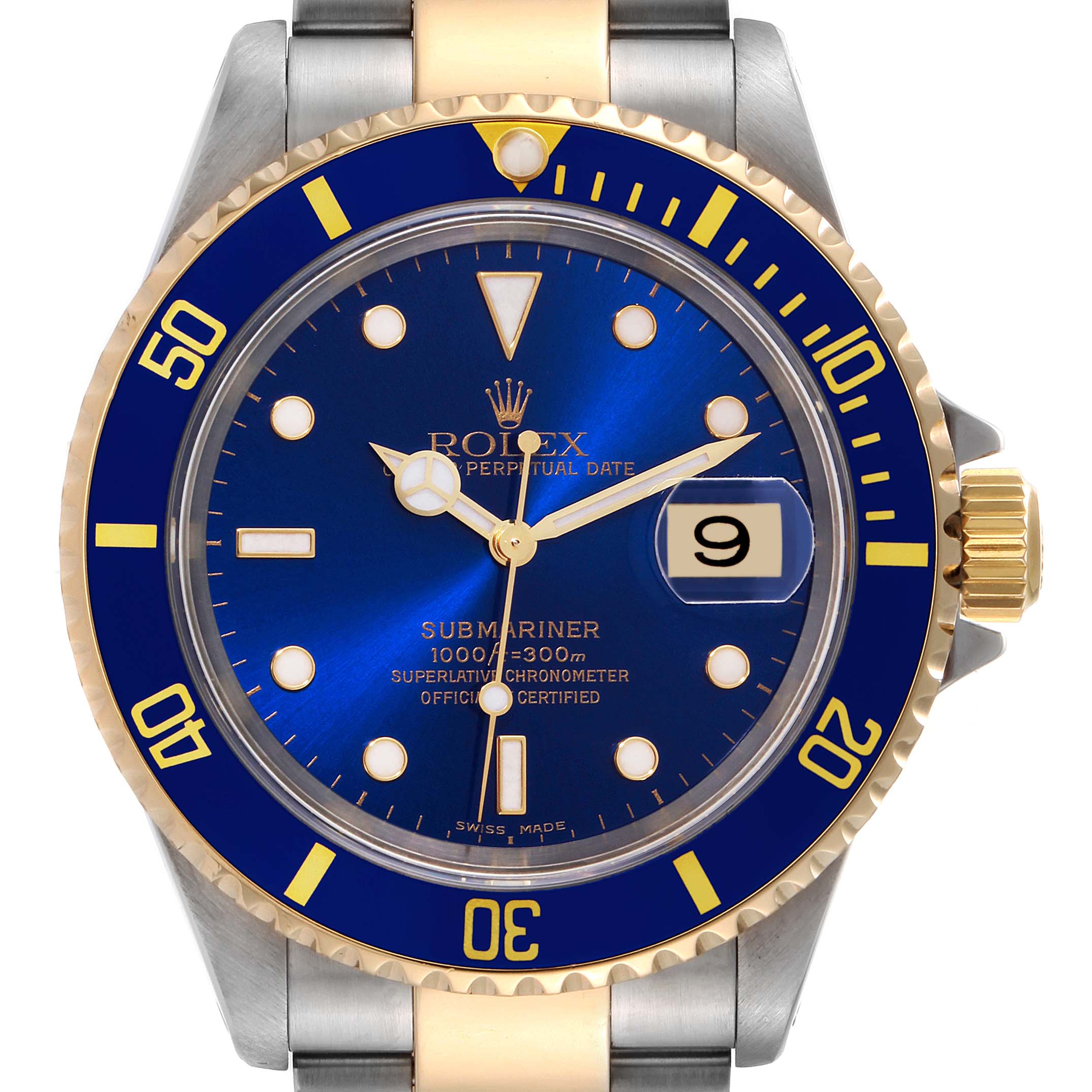The image shows a frontal view of a Rolex Submariner 16613 Men
s Steel and Gold (two tone) Blue Dial 16613 Men
s Steel and Gold (two tone) Blue Dial watch, highlighting its blue dial, bezel, and metal bracelet.