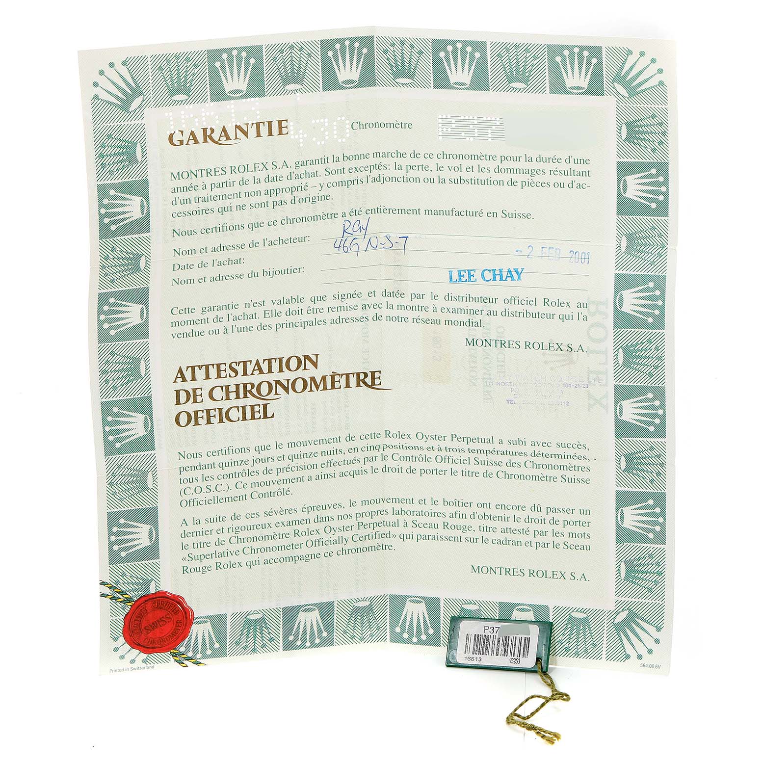 This image shows the warranty card and certification for a Rolex Submariner 16613 Men
s Steel and Gold (two tone) Blue Dial 16613 Men
s Steel and Gold (two tone) Blue Dial watch, including the official chronometer certificate.