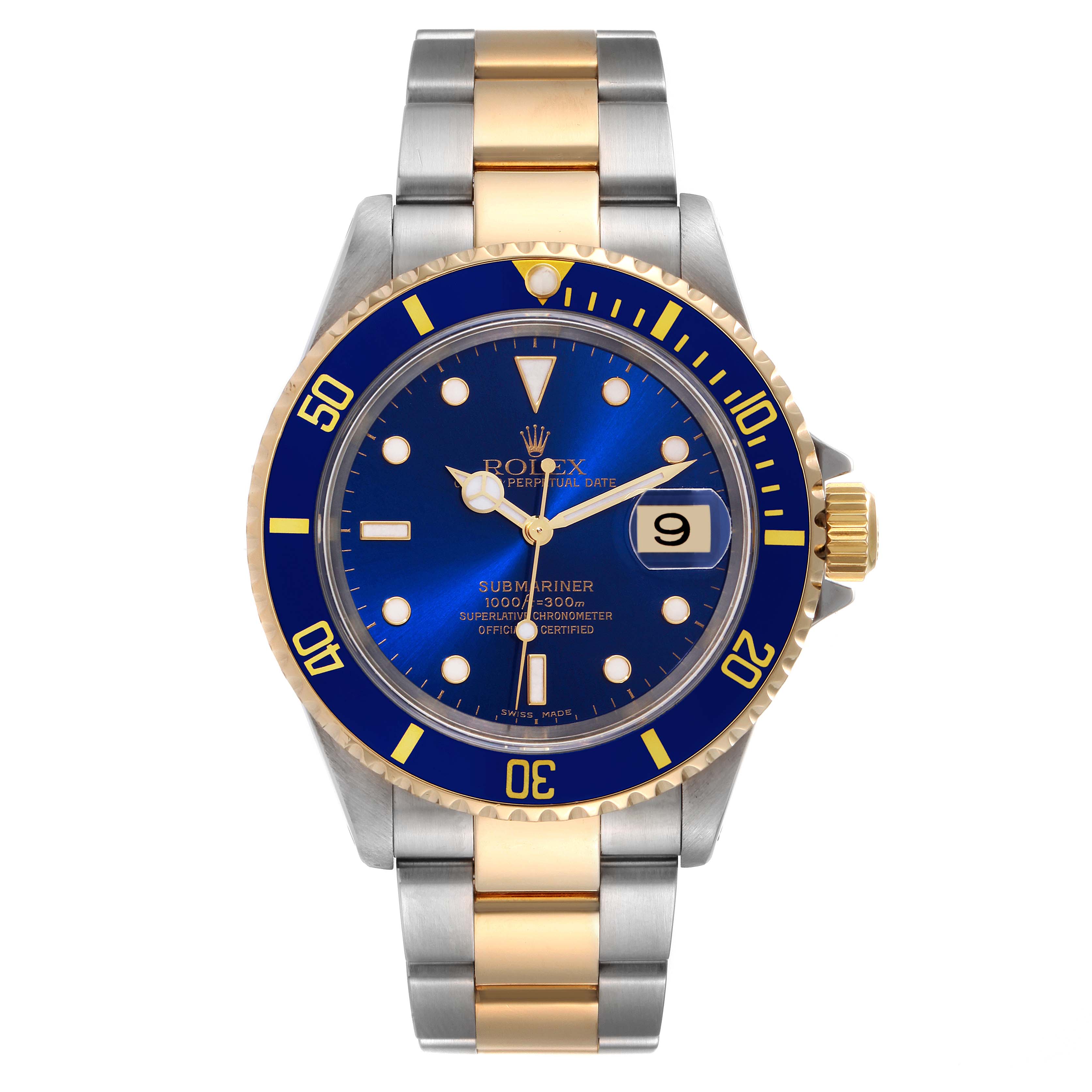 This image shows a front view of a Rolex Submariner 16613 Men
s Steel and Gold (two tone) Blue Dial 16613 Men
s Steel and Gold (two tone) Blue Dial watch with a blue dial and a two-tone (gold and silver) bracelet.