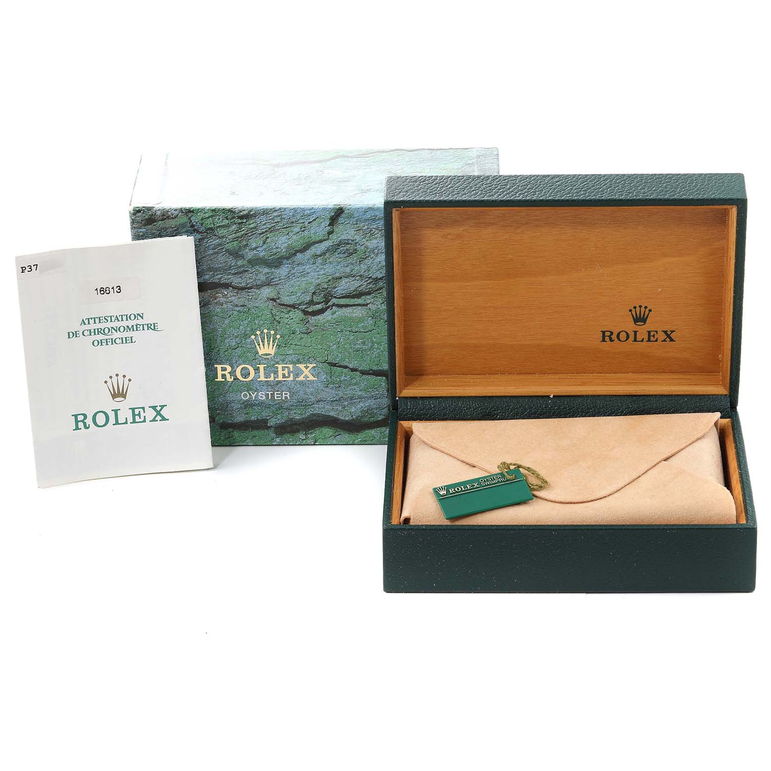 The image shows the packaging and certificate for a Rolex Submariner 16613 Men
s Steel and Gold (two tone) Blue Dial 16613 Men
s Steel and Gold (two tone) Blue Dial watch, including the box and warranty booklet.