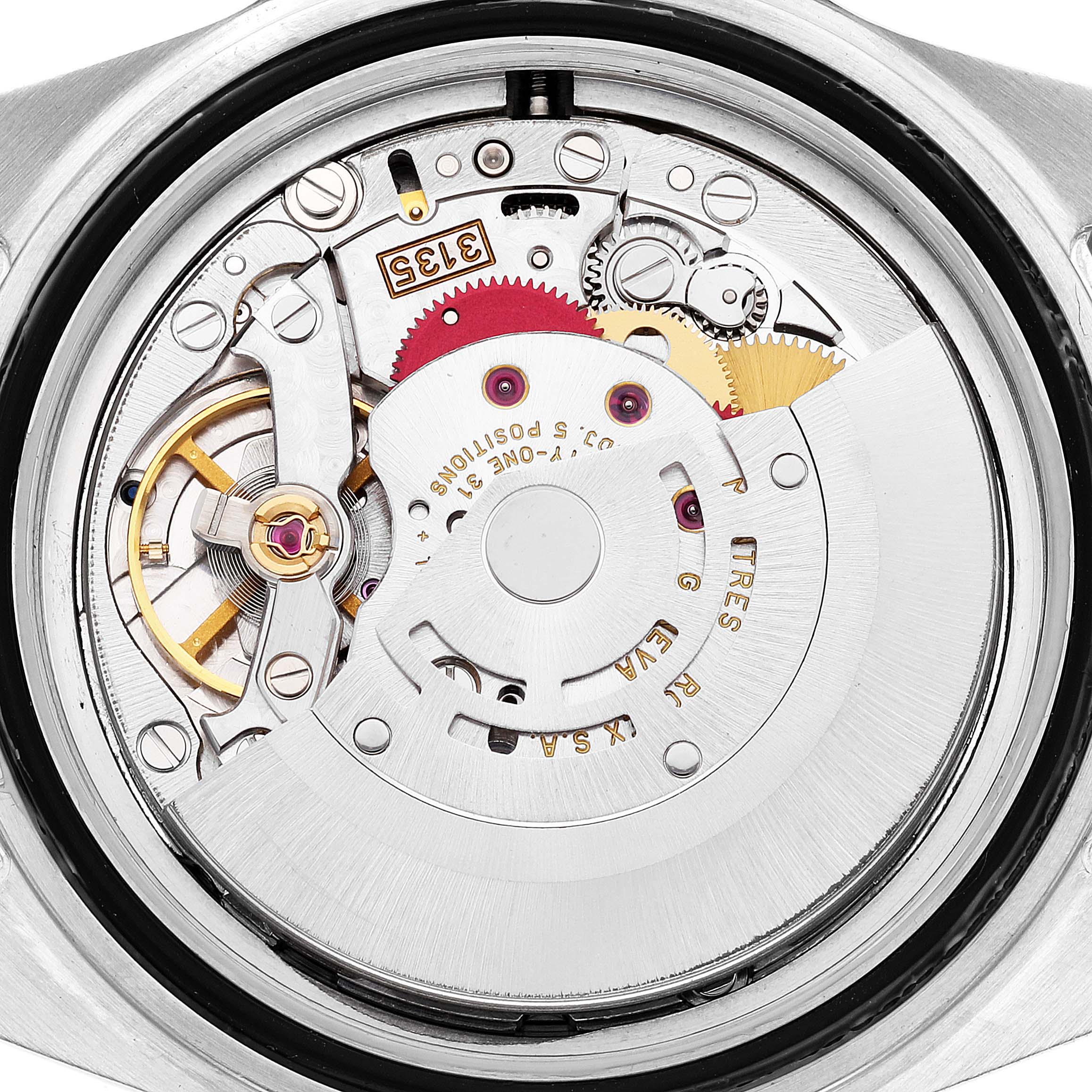 The image shows an up-close view of the movement mechanism inside a Rolex Submariner 16613 Men
s Steel and Gold (two tone) Blue Dial 16613 Men
s Steel and Gold (two tone) Blue Dial watch.