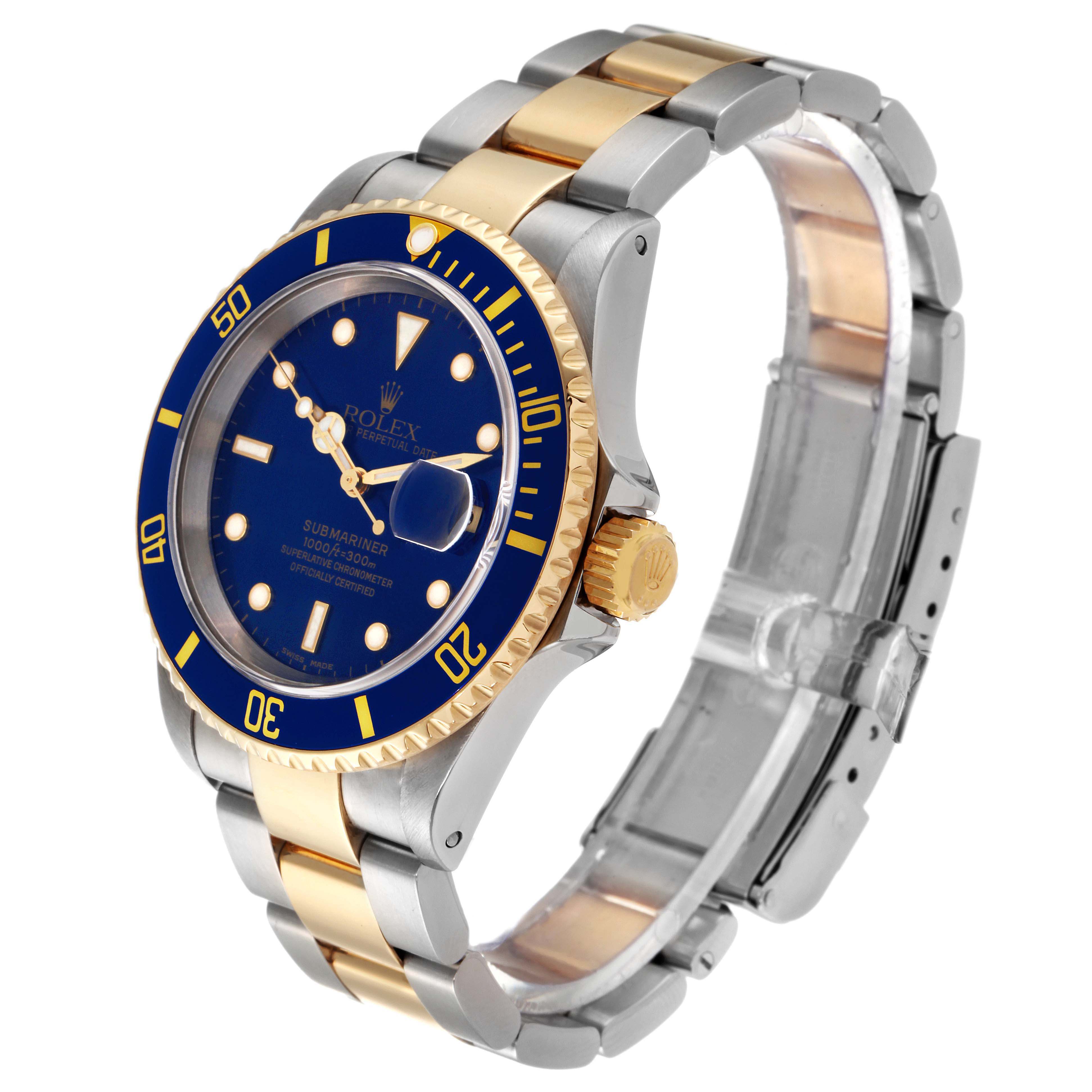 The Rolex Submariner 16613 Men
s Steel and Gold (two tone) Blue Dial 16613 Men
s Steel and Gold (two tone) Blue Dial watch is shown from an oblique angle highlighting its blue dial, bezel, and two-tone bracelet.