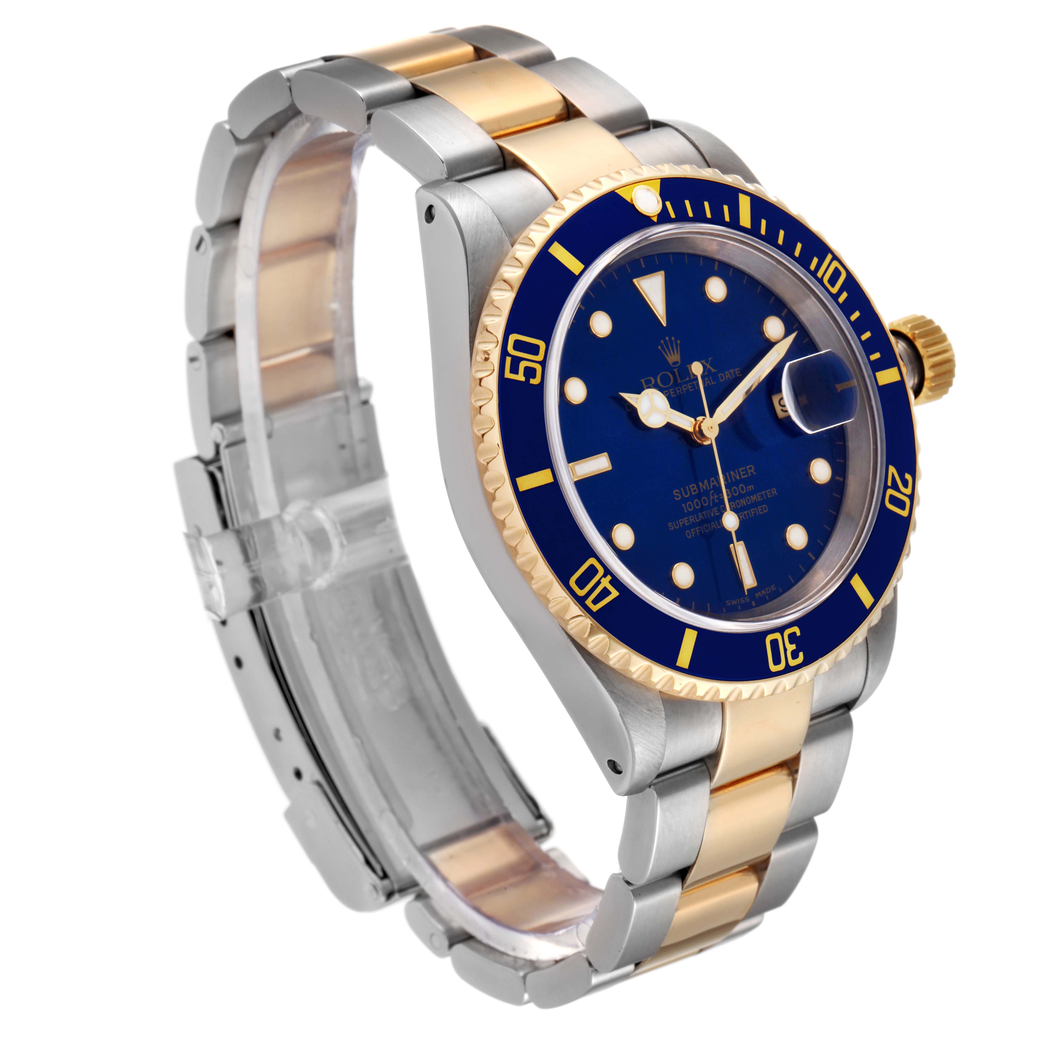The Rolex Submariner 16613 Men
s Steel and Gold (two tone) Blue Dial 16613 Men
s Steel and Gold (two tone) Blue Dial is shown at an angled side view, highlighting its blue dial, gold bezel, and two-tone metal bracelet.
