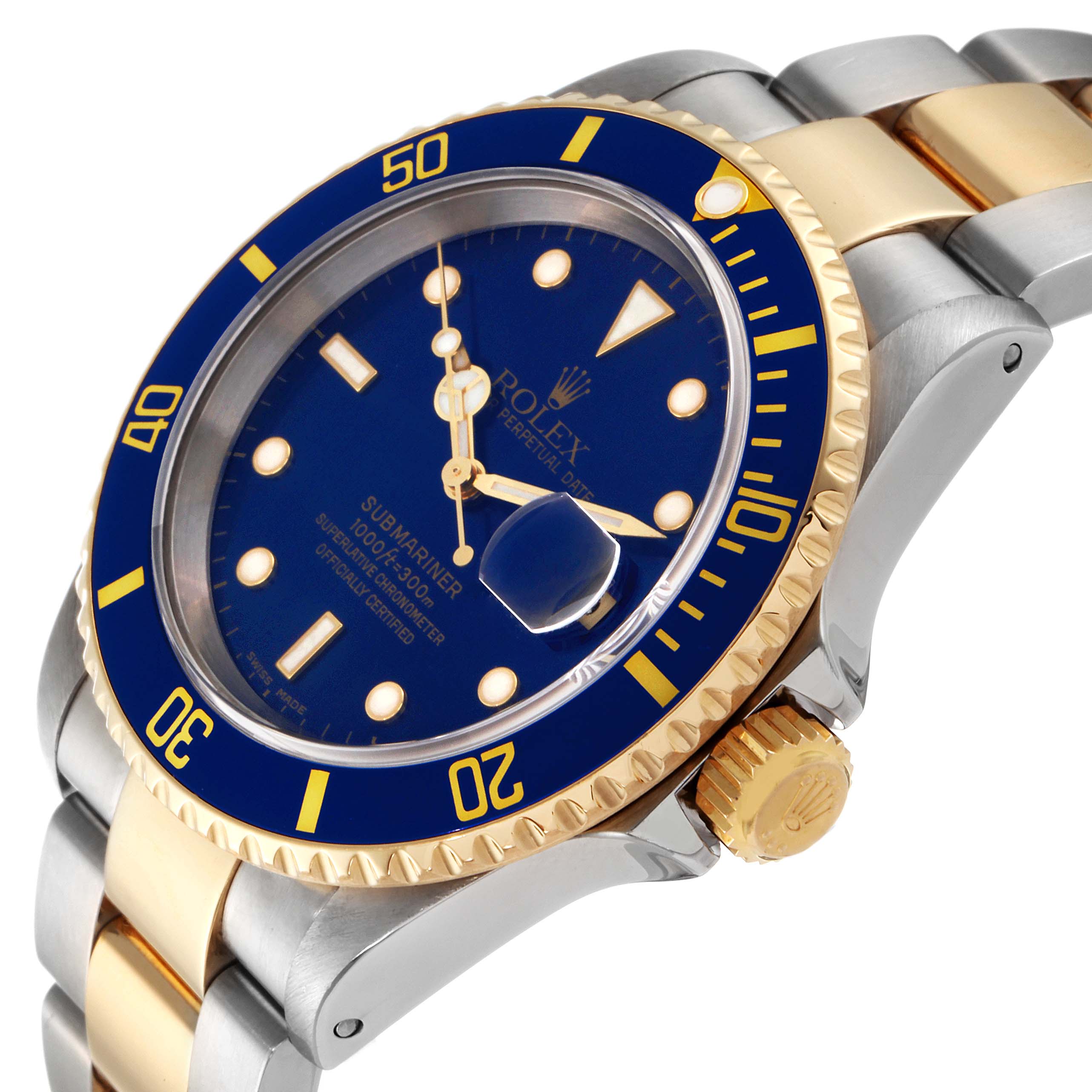 This image shows a close-up angle of the Rolex Submariner 16613 Men
s Steel and Gold (two tone) Blue Dial 16613 Men
s Steel and Gold (two tone) Blue Dial watch, highlighting its blue and gold bezel, dial, and crown.