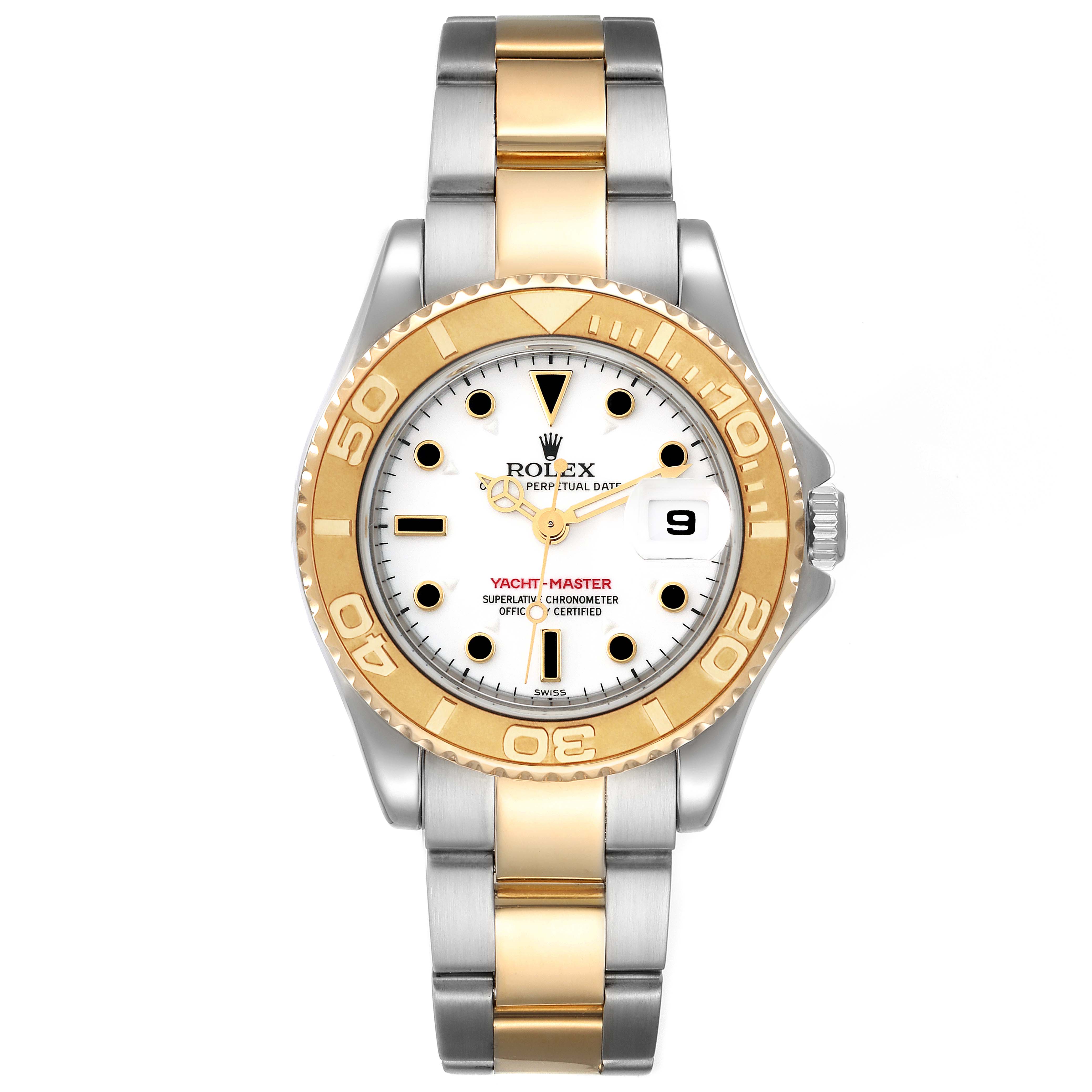 The Rolex Yacht-Master 169623 Women's Steel and Gold (two tone) White Dial 169623 Women's Steel and Gold (two tone) White Dial watch is shown from the front, displaying its dial, bezel, and two-tone bracelet.