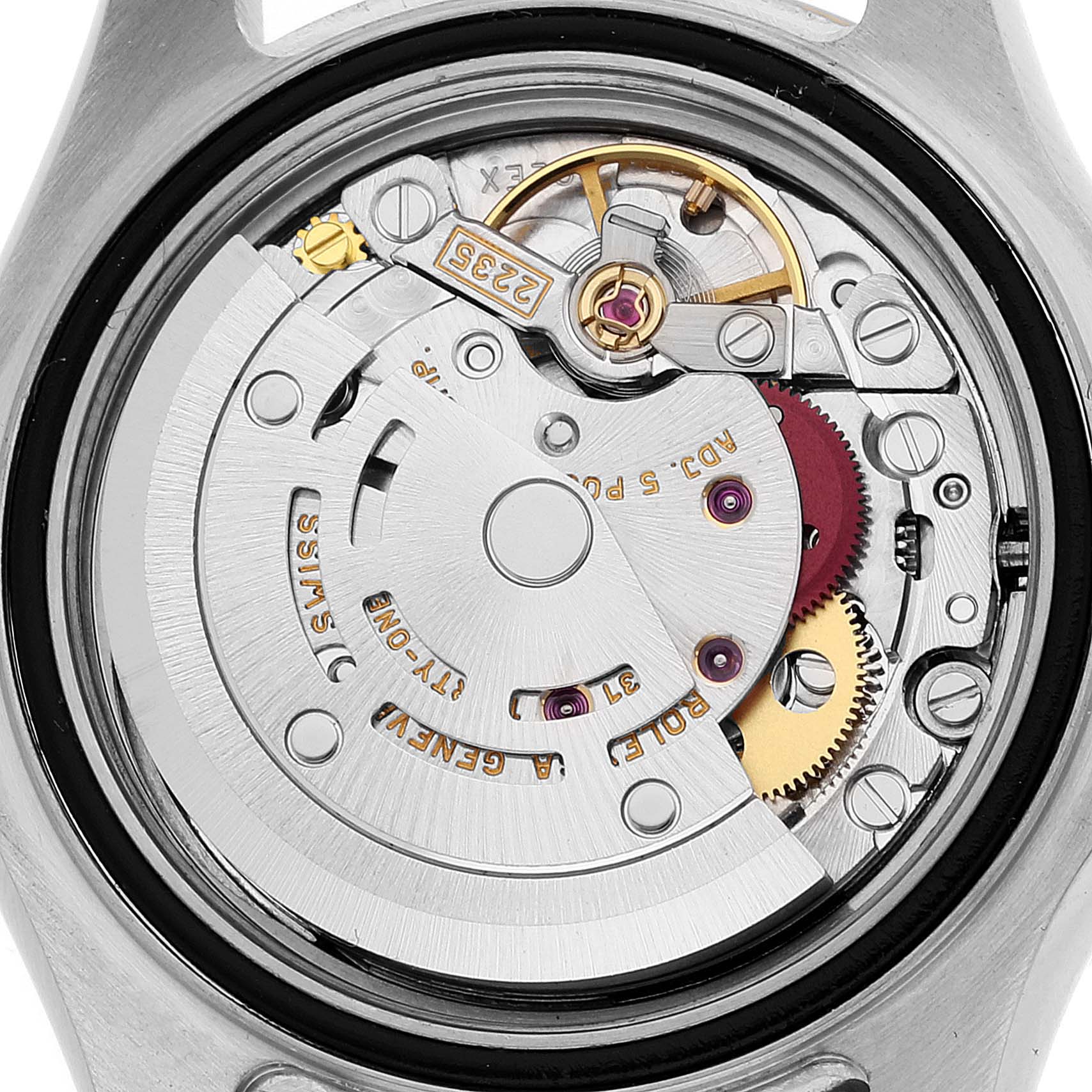 The image shows the internal mechanism of a Rolex Yacht-Master 169623 Women's Steel and Gold (two tone) White Dial 169623 Women's Steel and Gold (two tone) White Dial watch from a back angle.