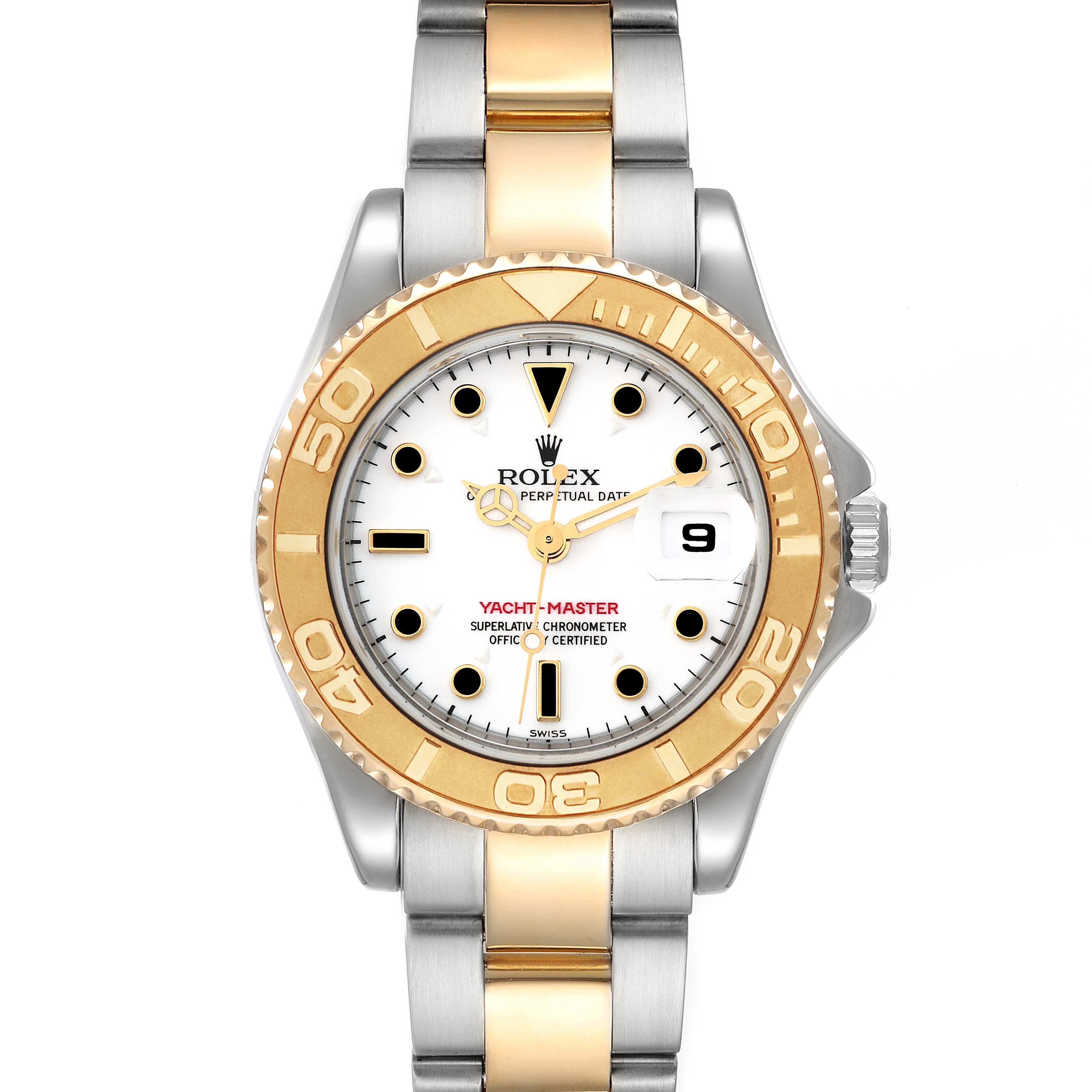 This image shows a Rolex Yacht-Master 169623 Women's Steel and Gold (two tone) White Dial 169623 Women's Steel and Gold (two tone) White Dial watch from a front angle, displaying the face, bezel, and a part of the bracelet.