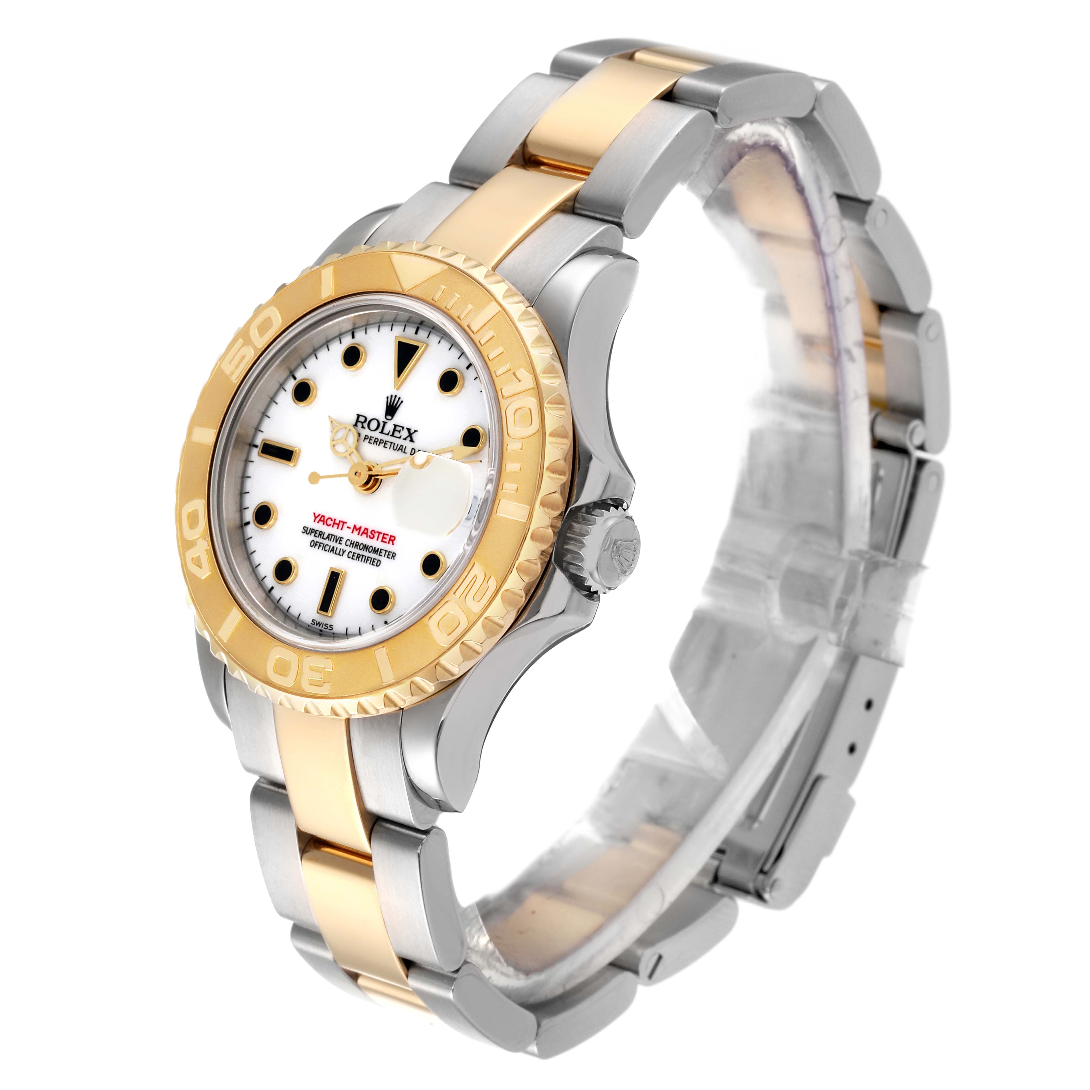 The Rolex Yacht-Master 169623 Women's Steel and Gold (two tone) White Dial 169623 Women's Steel and Gold (two tone) White Dial watch is shown at an oblique angle, highlighting the face, bezel, crown, and bracelet.