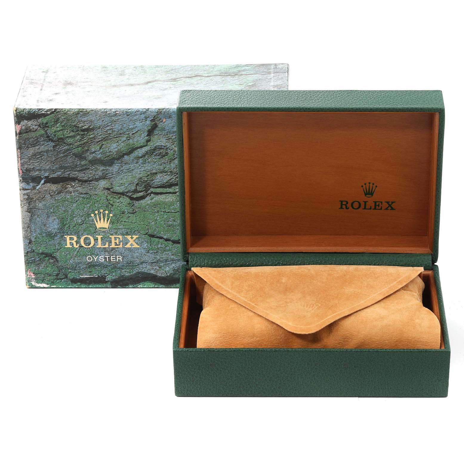 The image shows a Rolex Yacht-Master 169623 Women's Steel and Gold (two tone) White Dial 169623 Women's Steel and Gold (two tone) White Dial watch box and outer packaging, featuring a green textured design with a protective pouch inside.