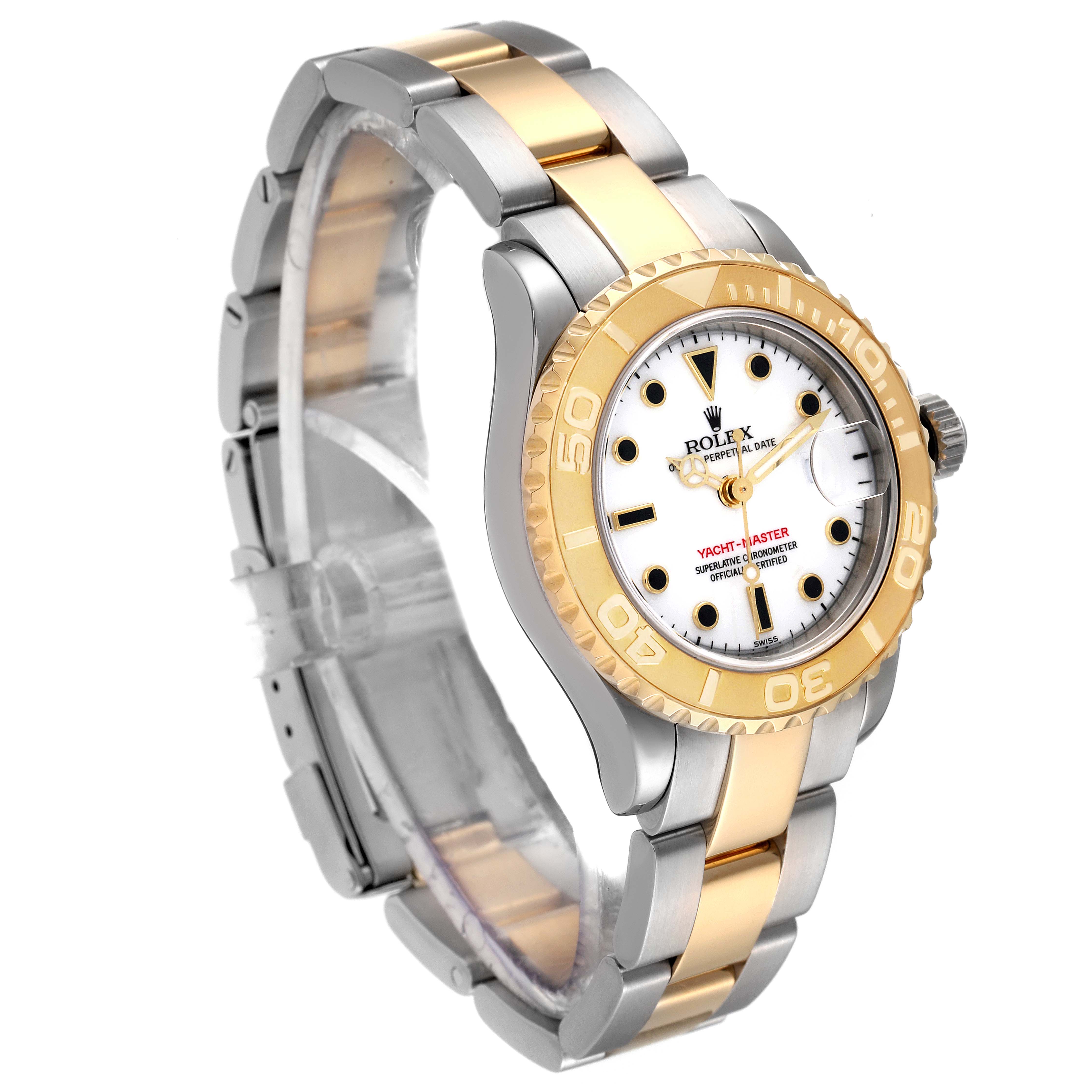 The image shows a Rolex Yacht-Master 169623 Women's Steel and Gold (two tone) White Dial 169623 Women's Steel and Gold (two tone) White Dial watch at an angle displaying the face, bezel, and bracelet.