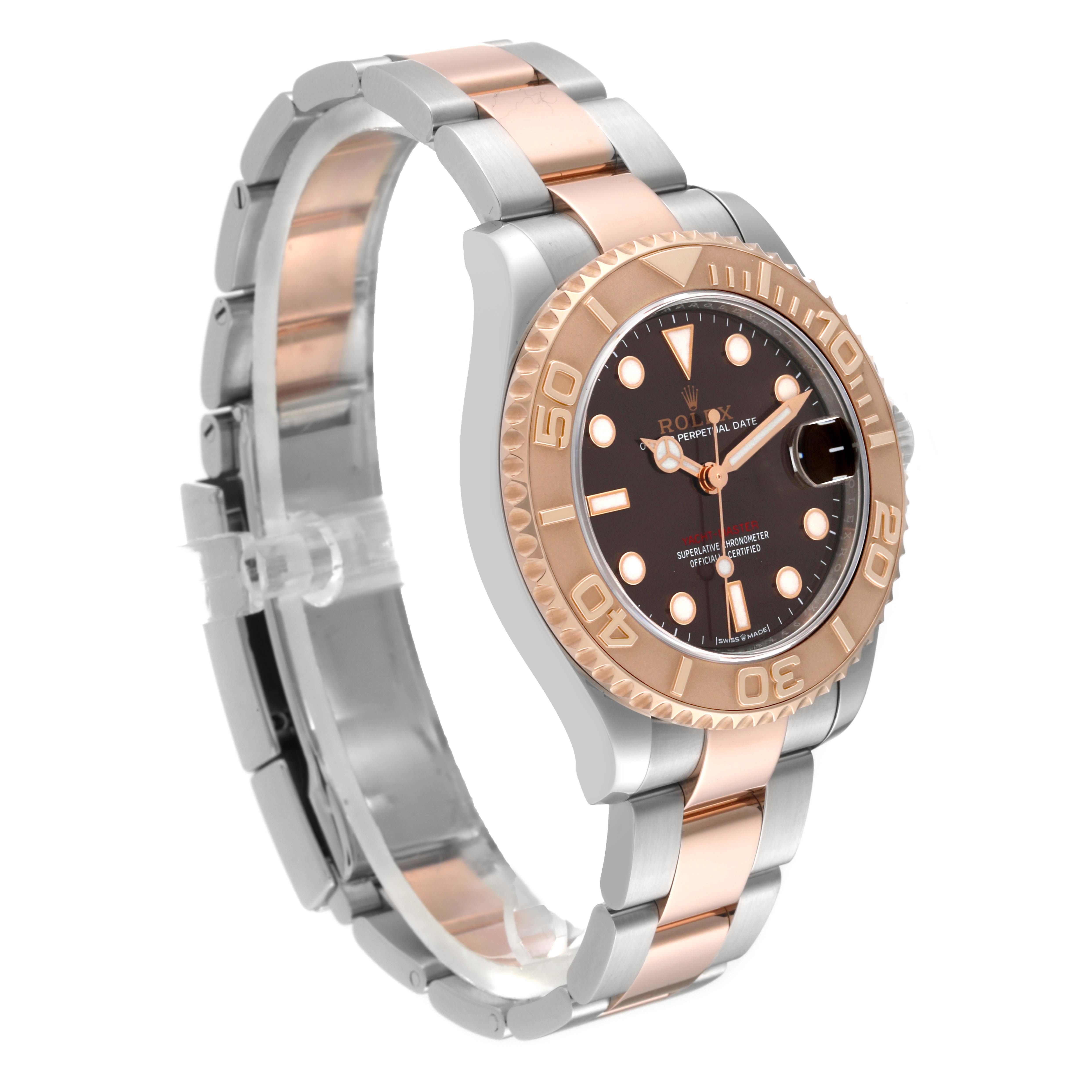 This image shows a side angle of a Rolex Yacht-Master 268621 Men's Steel and Gold (two tone) Brown Dial 268621 Men's Steel and Gold (two tone) Brown Dial watch featuring a two-tone bracelet and a black dial with rose gold accents.