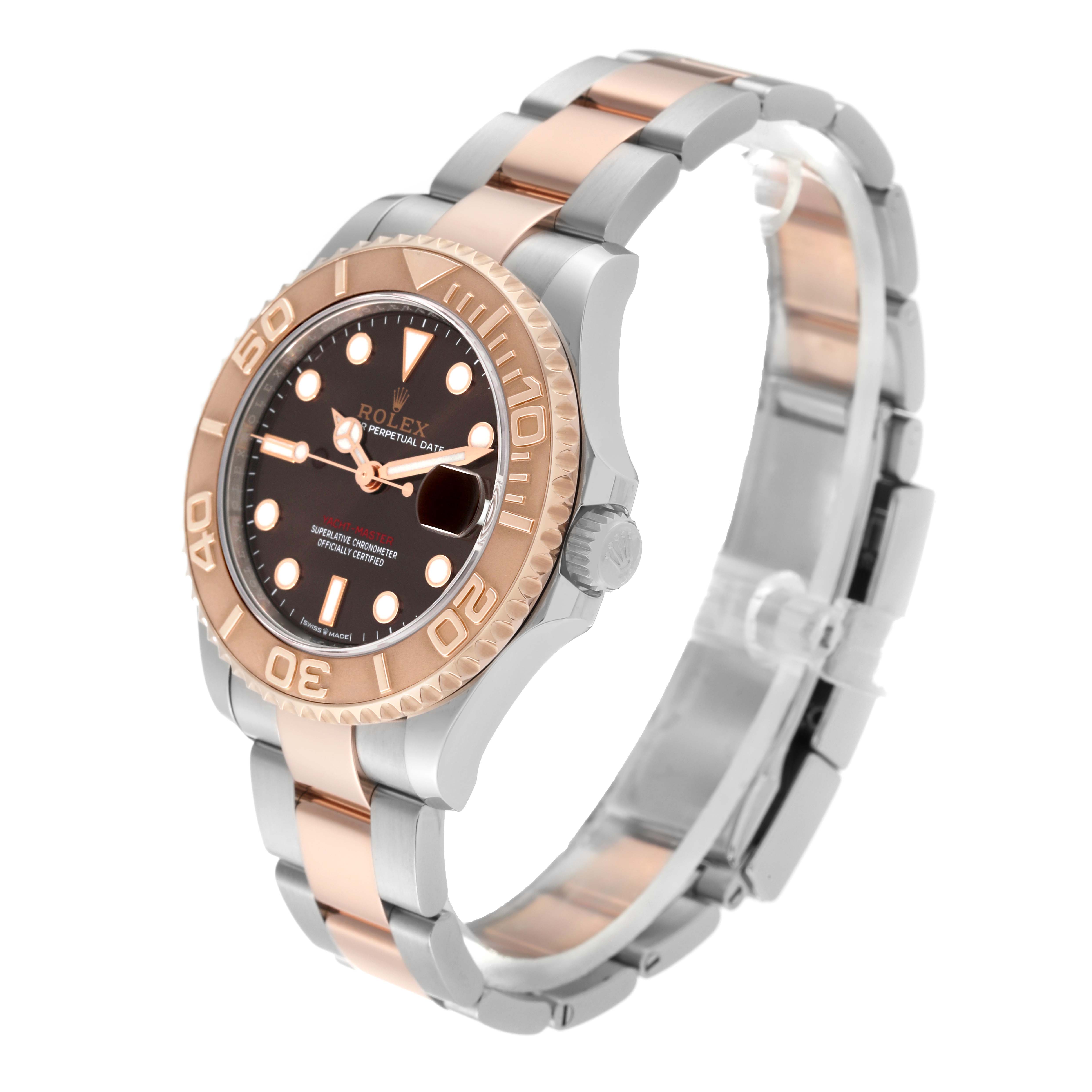 The Rolex Yacht-Master 268621 Men's Steel and Gold (two tone) Brown Dial 268621 Men's Steel and Gold (two tone) Brown Dial watch is shown at an angle displaying its face, bezel, and bracelet.