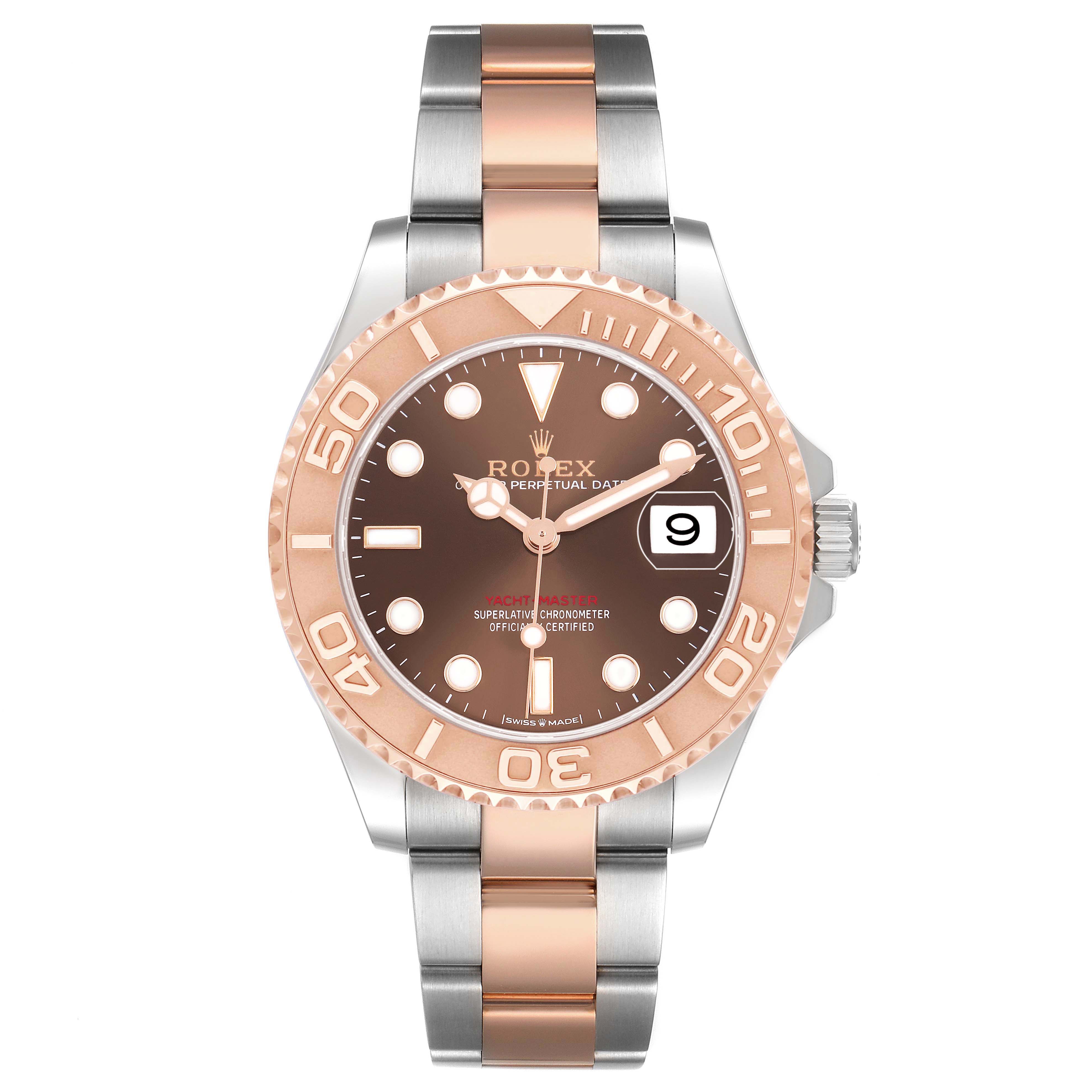 The Rolex Yacht-Master 268621 Men's Steel and Gold (two tone) Brown Dial watch is shown from a front angle, highlighting the bezel, dial, hands, and part of the bracelet.