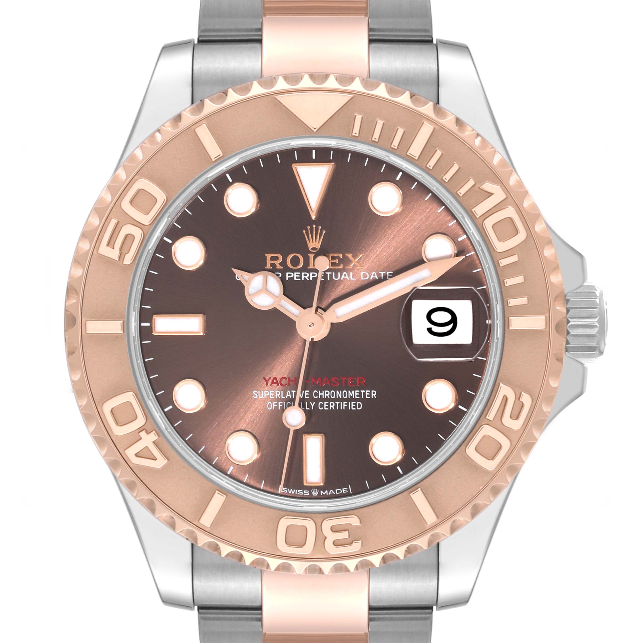 This Rolex Yacht-Master 268621 Men's Steel and Gold (two tone) Brown Dial 268621 Men's Steel and Gold (two tone) Brown Dial watch is shown from a front angle, displaying the dial, bezel, and part of the bracelet.