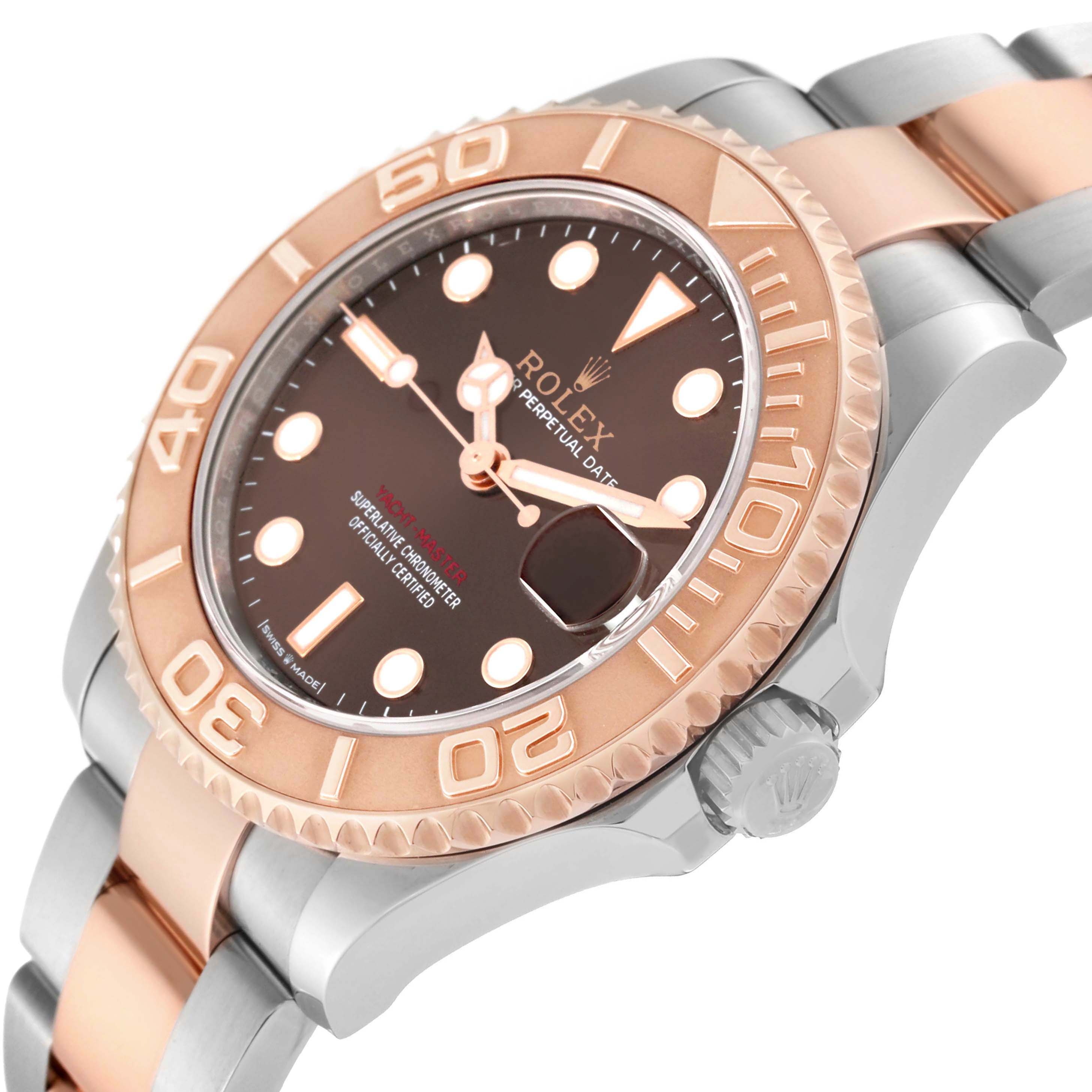 The Rolex Yacht-Master 268621 Men's Steel and Gold (two tone) Brown Dial is shown at an angle highlighting the face, bezel, and part of the bracelet.