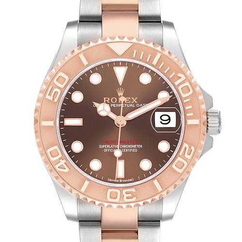 The Rolex Yacht-Master 268621 Men's Steel and Gold (two tone) Brown Dial watch is shown from a top-down angle, highlighting the dial, bezel, and part of the bracelet.