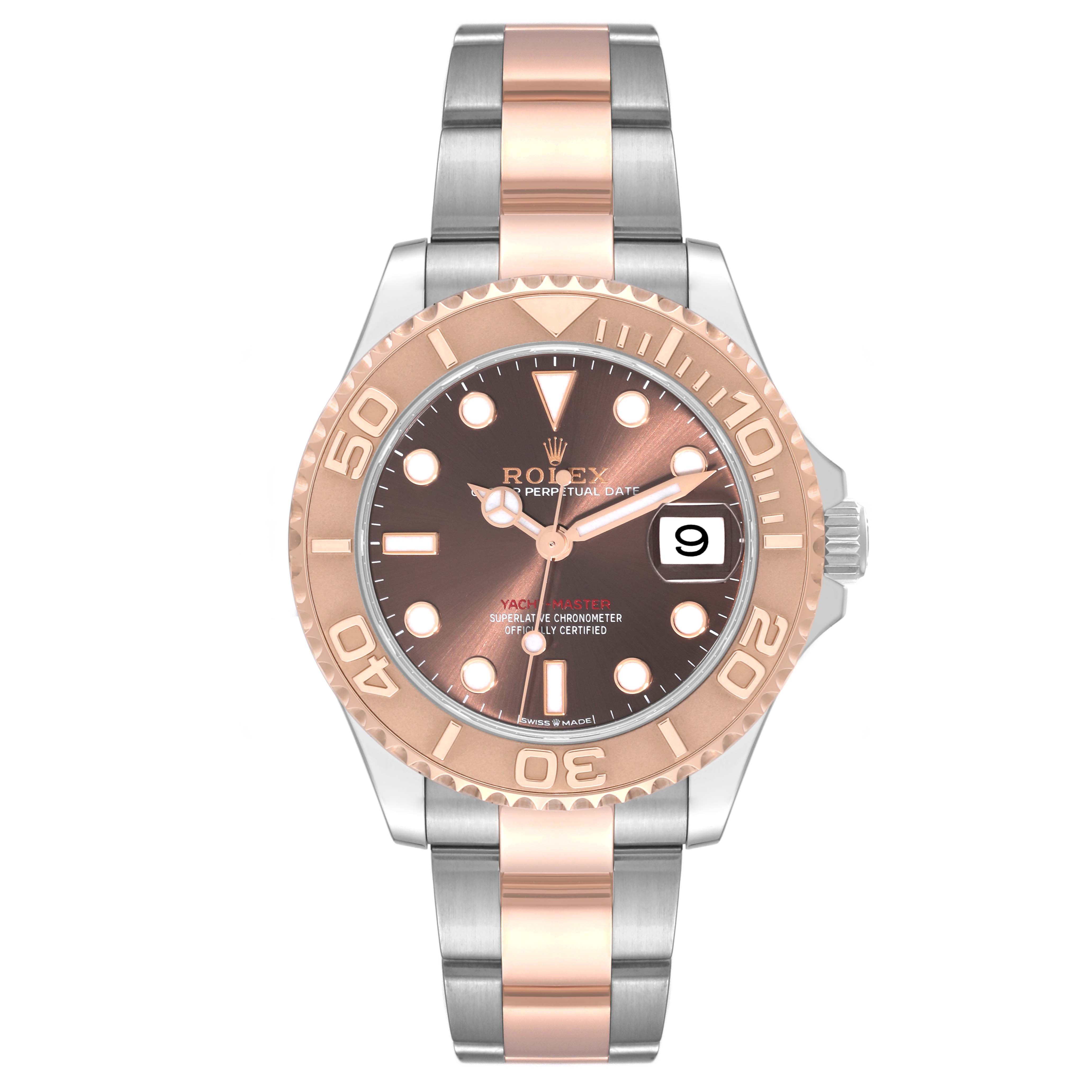 This Rolex Yacht-Master 268621 Men's Steel and Gold (two tone) Brown Dial 268621 Men's Steel and Gold (two tone) Brown Dial watch is shown from the front, displaying its dial, bezel, case, and two-tone bracelet.