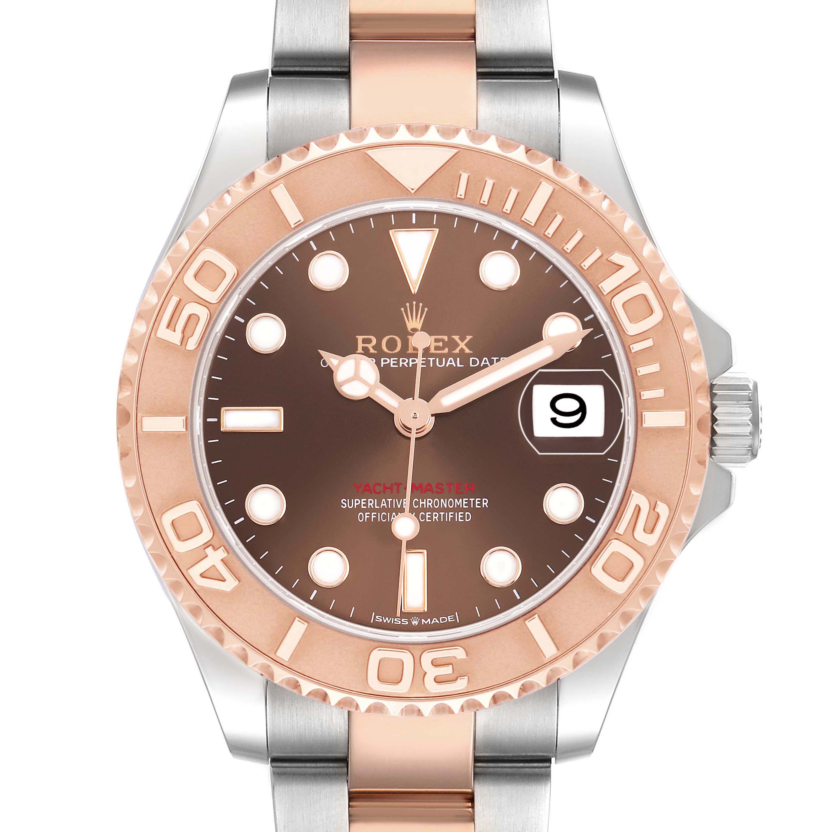 The image shows a frontal view of a Rolex Yacht-Master 268621 Men's Steel and Gold (two tone) Brown Dial watch, featuring a rose gold and stainless steel bezel with a brown dial.