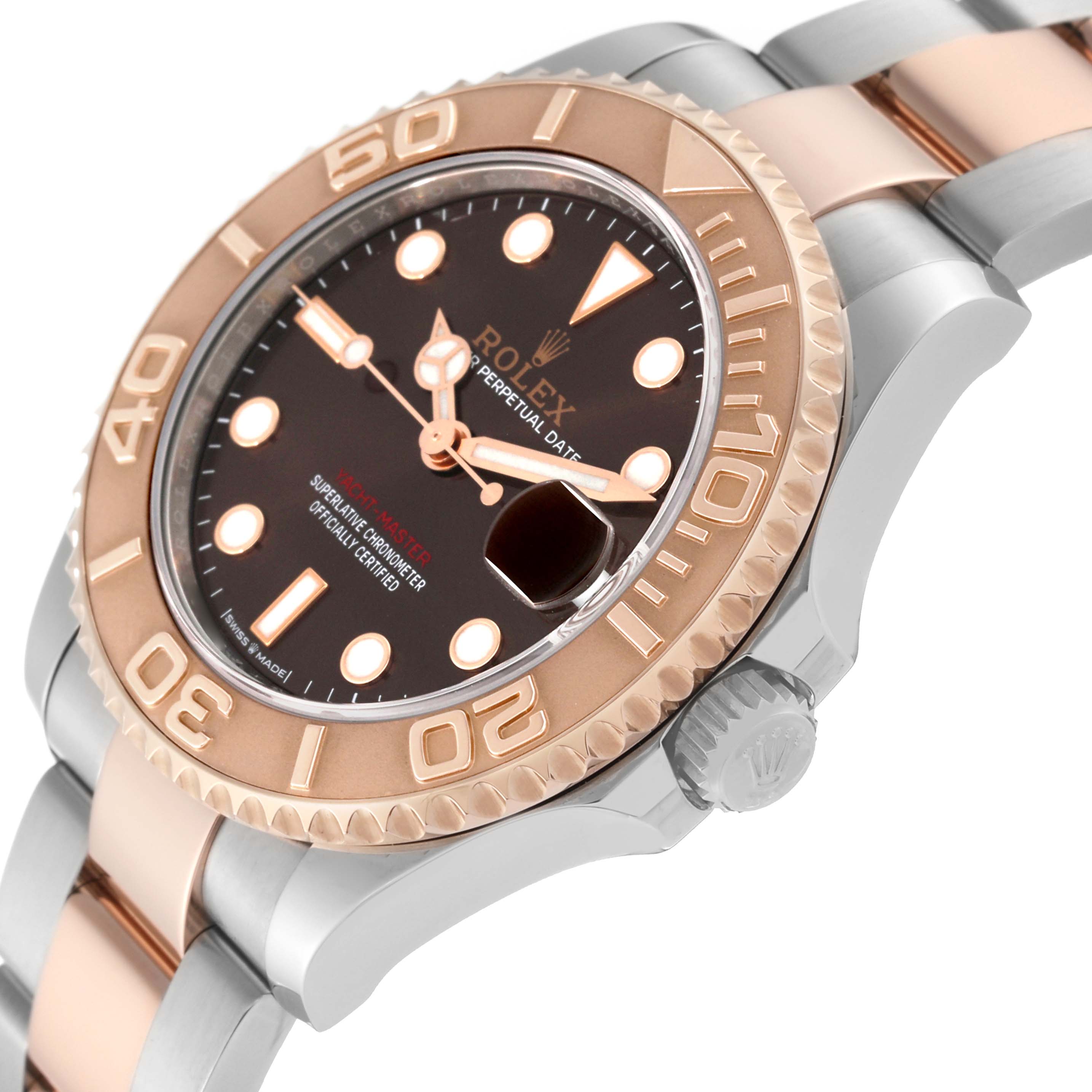 The image shows a side angle of a Rolex Yacht-Master 268621 Men's Steel and Gold (two tone) Brown Dial 268621 Men's Steel and Gold (two tone) Brown Dial watch, highlighting the bezel, dial, crown, and part of the bracelet.