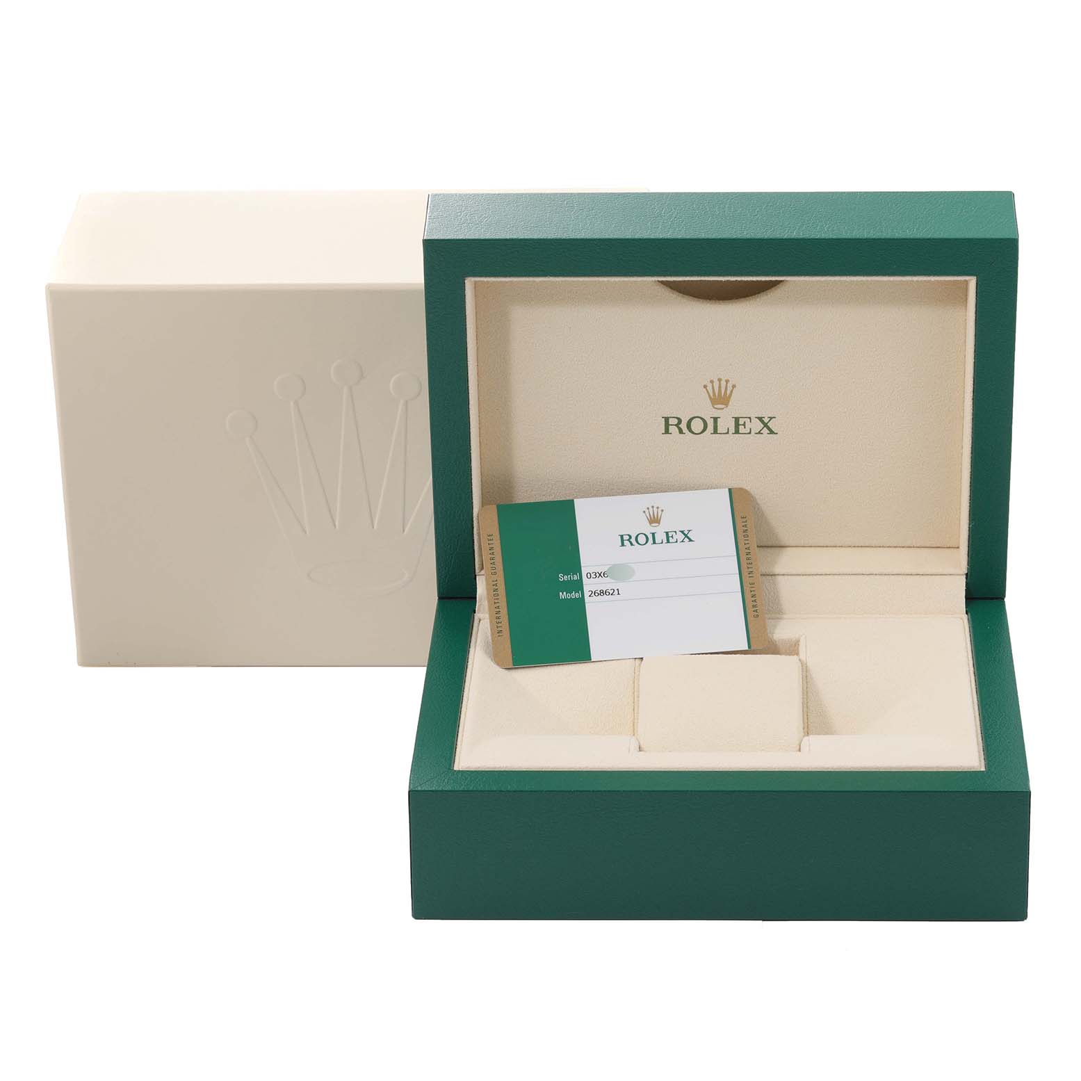 The image shows the luxury green and beige presentation box and certificate card for a Rolex Yacht-Master 268621 Men's Steel and Gold (two tone) Brown Dial 268621 Men's Steel and Gold (two tone) Brown Dial watch.