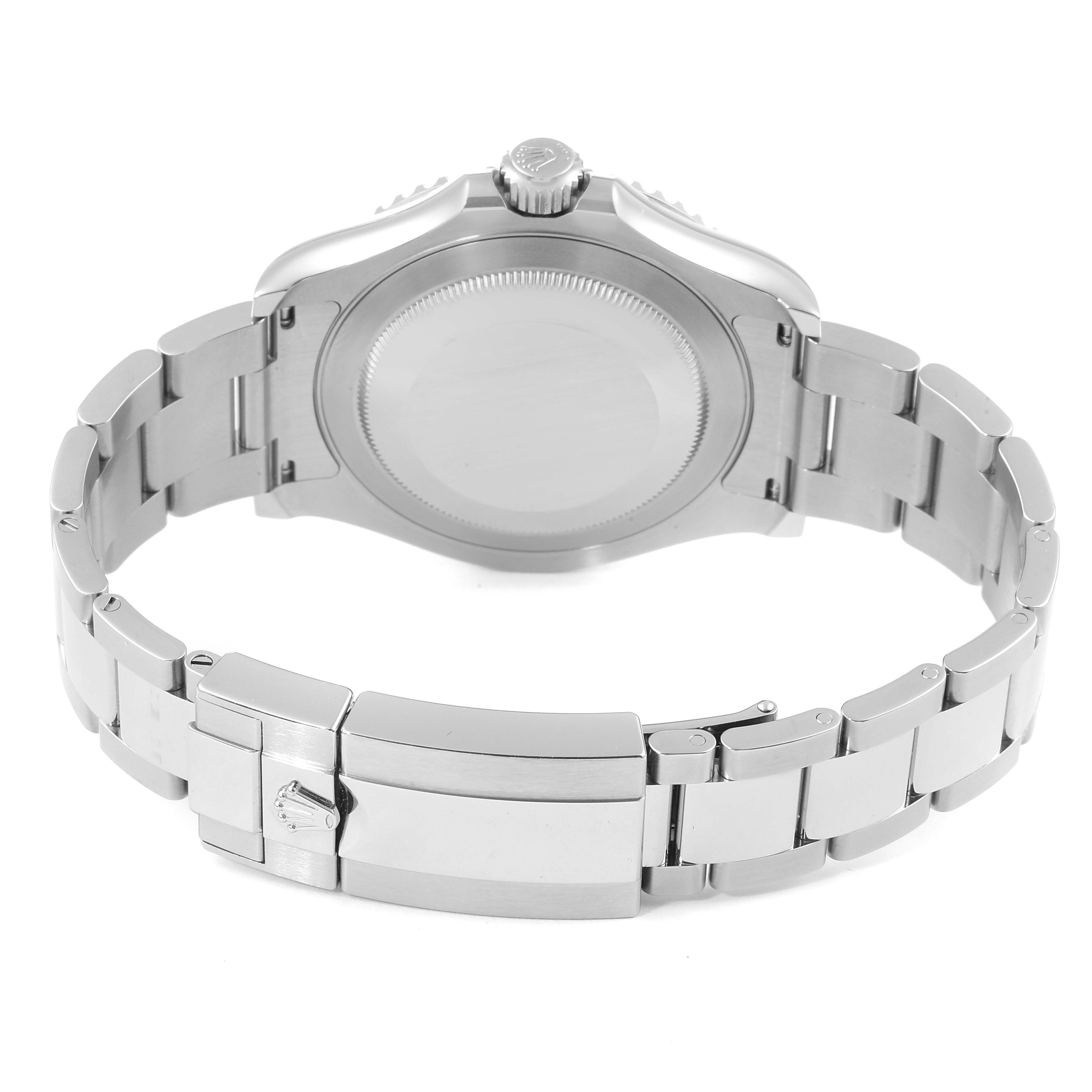 This image shows the back view of a Rolex Yacht-Master 126622 Men
s Stainless Steel Grey Dial 126622 Men
s Stainless Steel Grey Dial watch, highlighting the case back, crown, and bracelet clasp.