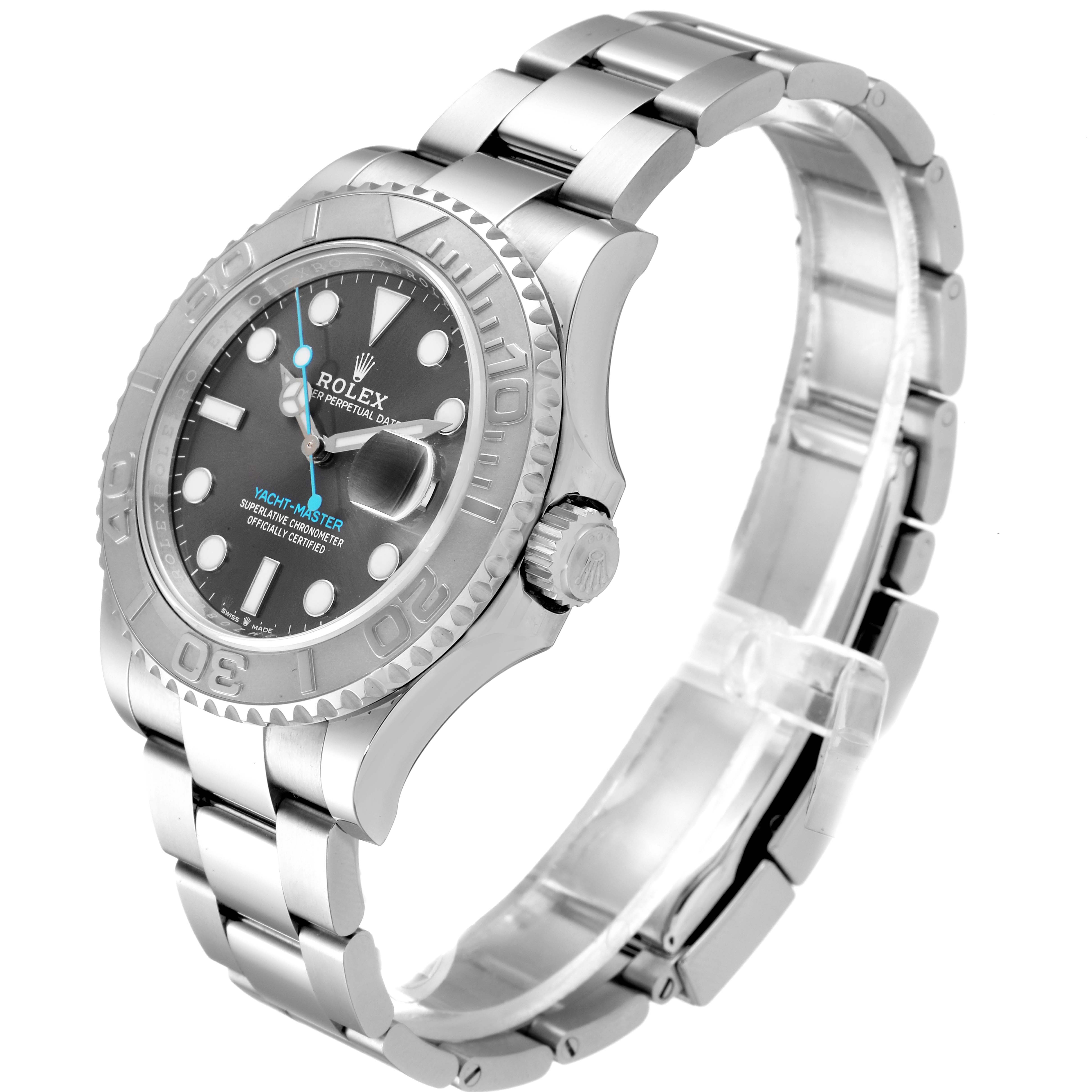 The Yacht-Master Rolex watch is shown at a three-quarter angle, displaying the watch face, bracelet, and crown.