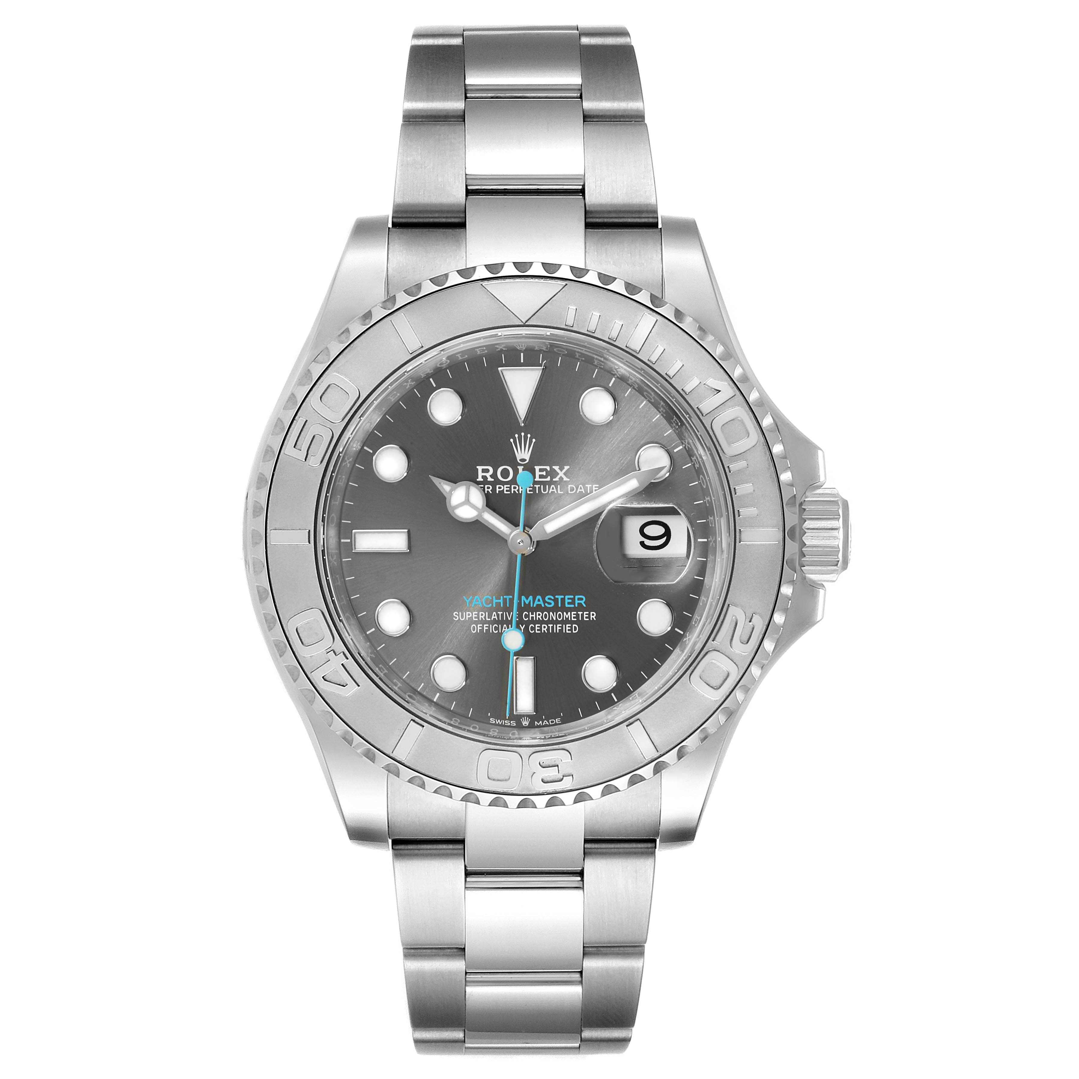 The image shows a front view of a Rolex Yacht-Master 126622 Men
s Stainless Steel Grey Dial 126622 Men
s Stainless Steel Grey Dial watch, highlighting its face, bezel, and bracelet.