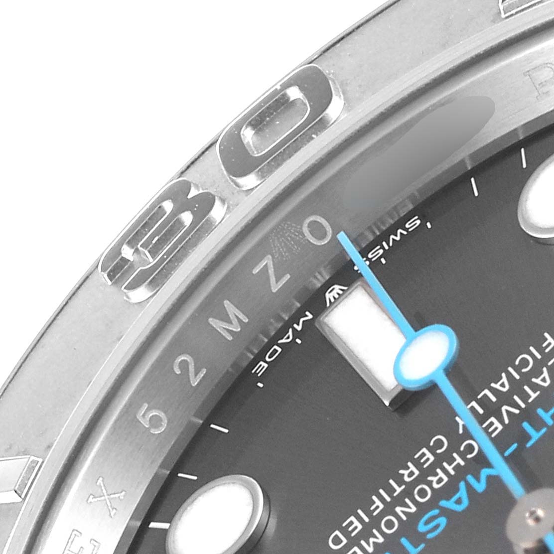 The image shows a close-up of the bezel, part of the dial, and the second hand of a Rolex Yacht-Master 126622 Men
s Stainless Steel Grey Dial 126622 Men
s Stainless Steel Grey Dial watch.
