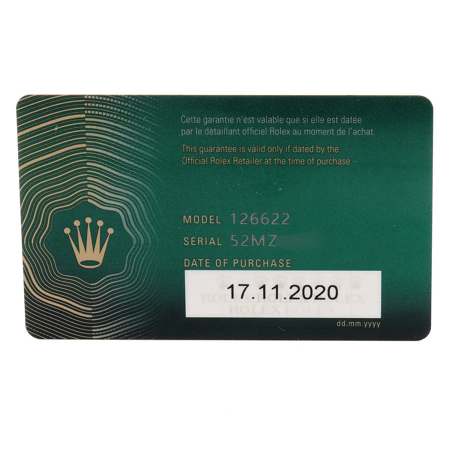 The image shows a warranty card for the Rolex Yacht-Master 126622 Men
s Stainless Steel Grey Dial 126622 Men
s Stainless Steel Grey Dial model 126622.