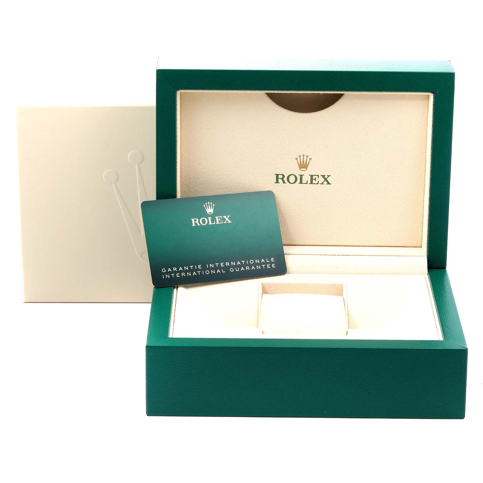 The image shows a Rolex Yacht-Master 126622 Men
s Stainless Steel Grey Dial 126622 Men
s Stainless Steel Grey Dial watch box with an international guarantee card displayed from a front angle.