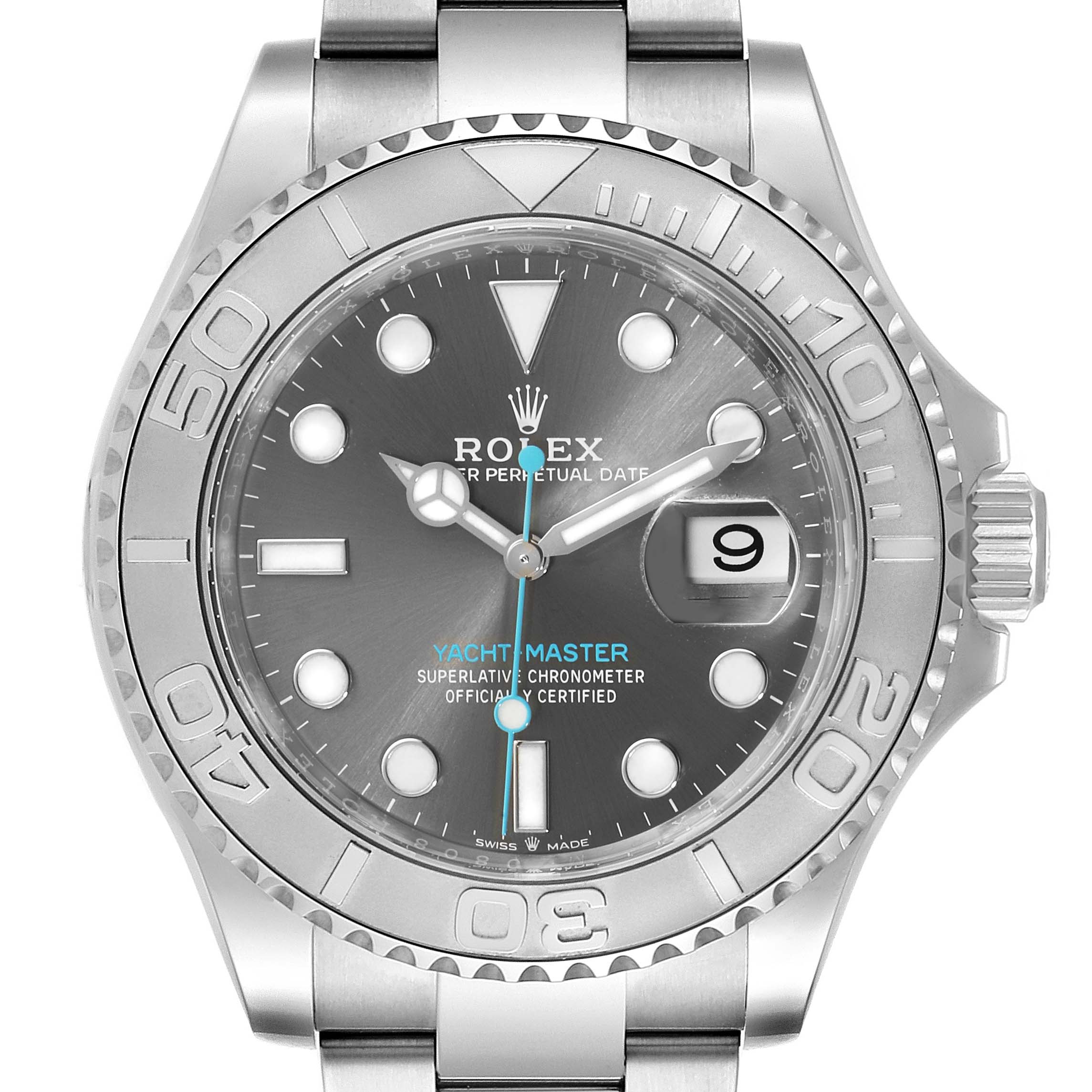 This image shows a Rolex Yacht-Master 126622 Men
s Stainless Steel Grey Dial 126622 Men
s Stainless Steel Grey Dial watch from the front, highlighting the dial, bezel, crown, and bracelet.