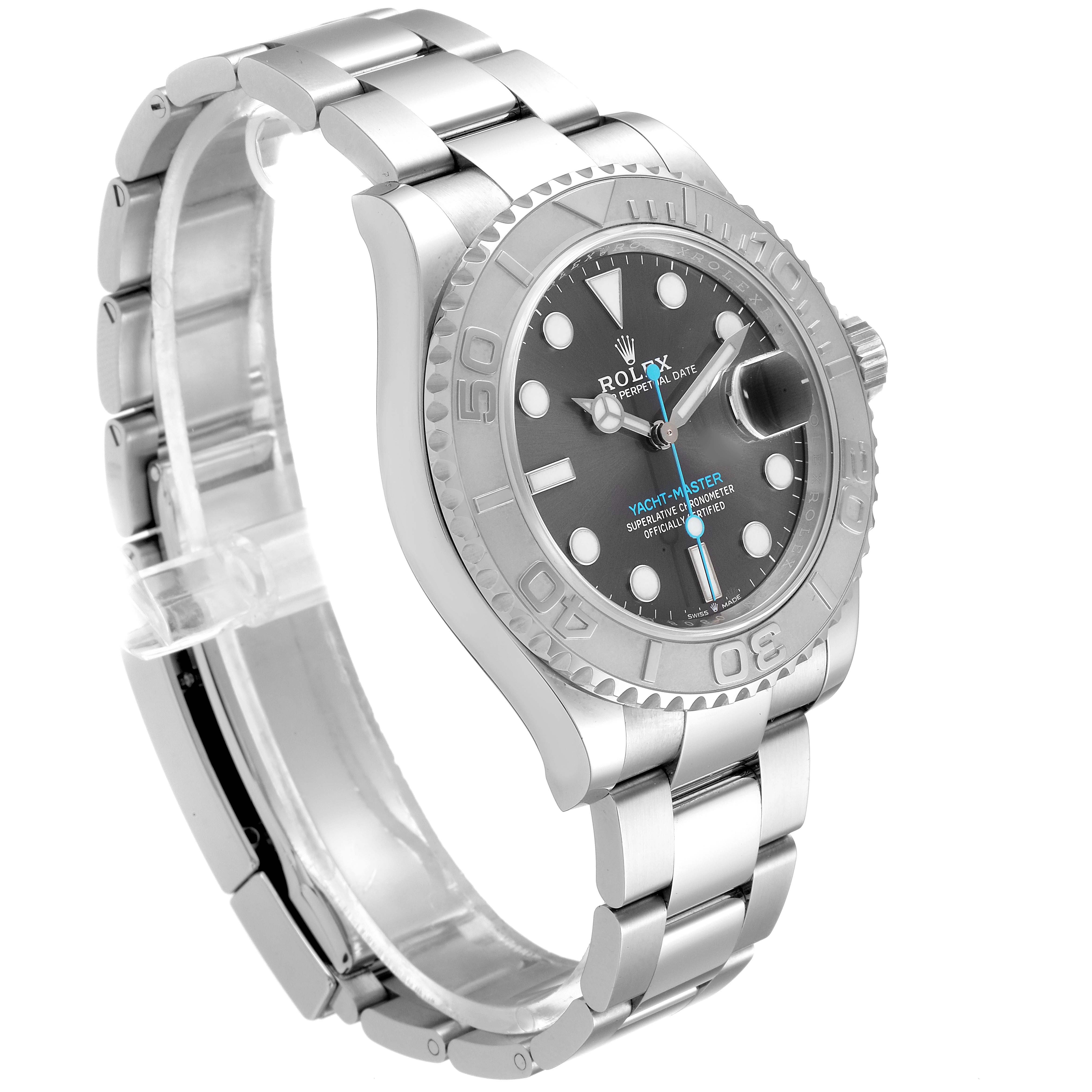 The Rolex Yacht-Master 126622 Men
s Stainless Steel Grey Dial 126622 Men
s Stainless Steel Grey Dial watch is shown at a 3/4 angle, highlighting its face, bezel, crown, and bracelet.