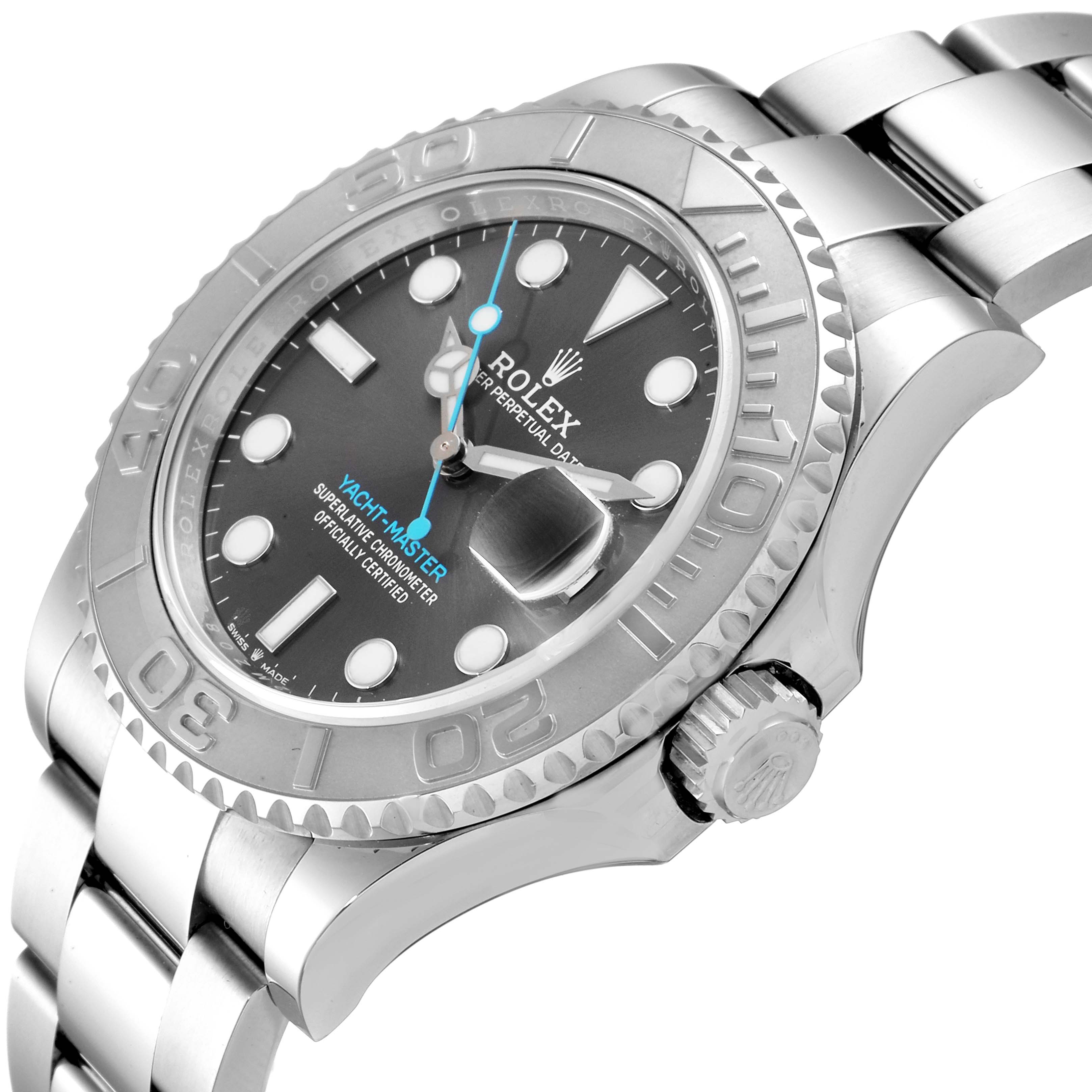 The image shows a close-up angle of the Rolex Yacht-Master 126622 Men
s Stainless Steel Grey Dial 126622 Men
s Stainless Steel Grey Dial watch, highlighting its face, bezel, and bracelet.