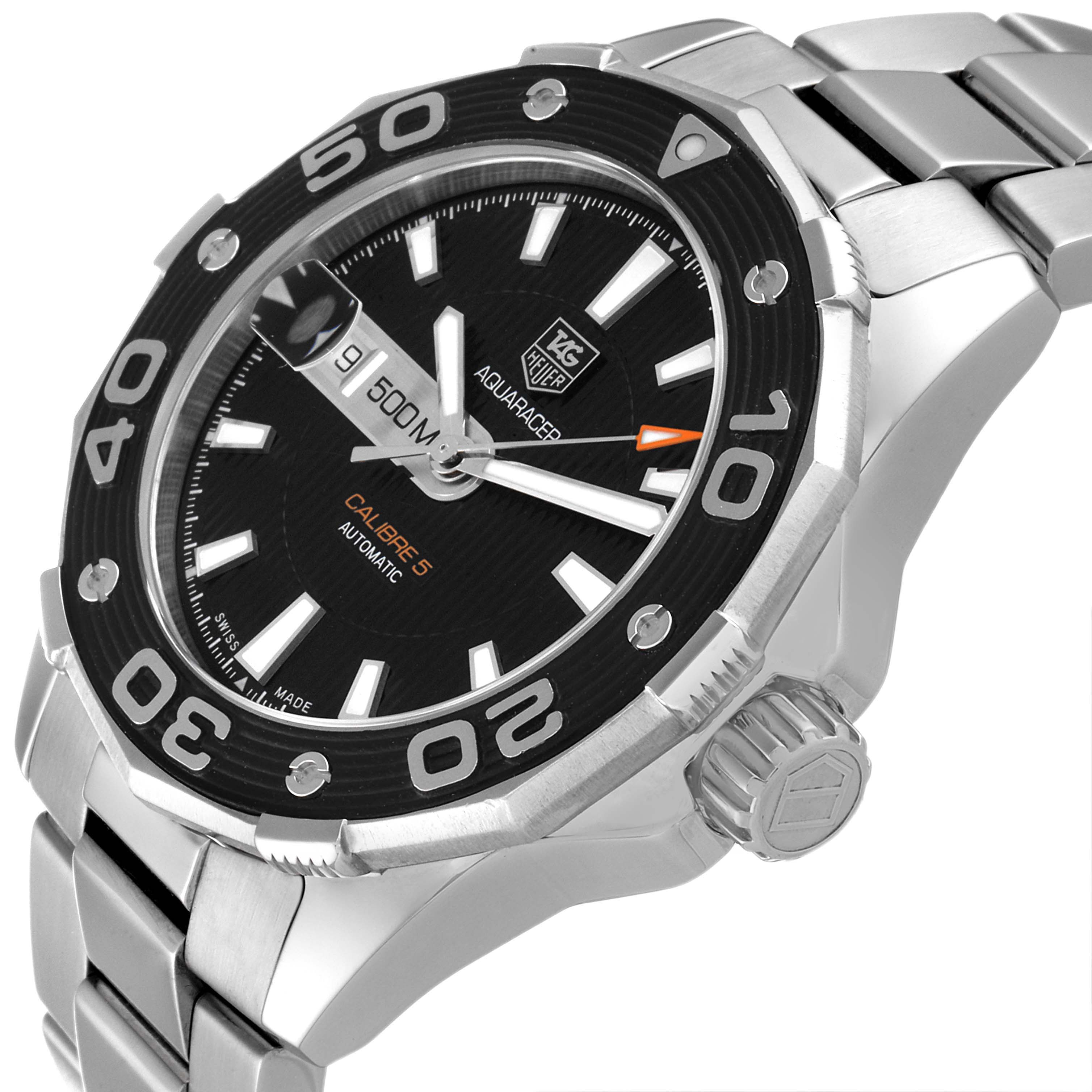 This image shows a side and partial front view of the Tag Heuer Aquaracer WAJ2114 Men's Stainless Steel Black Dial WAJ2114 Men's Stainless Steel Black Dial Calibre 5 watch, highlighting the bezel, dial, and crown.