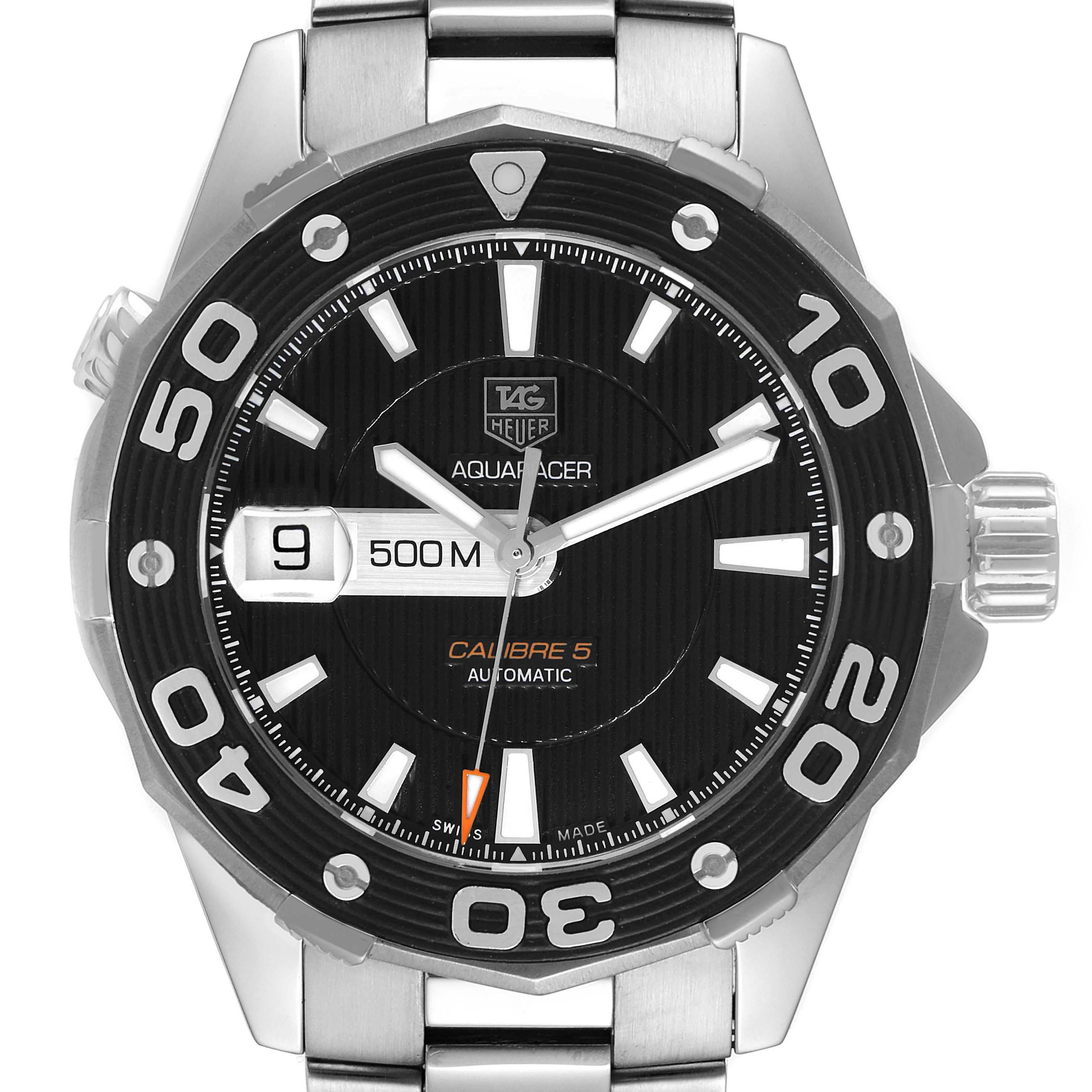The image shows a front view of the Tag Heuer Aquaracer WAJ2114 Men's Stainless Steel Black Dial WAJ2114 Men's Stainless Steel Black Dial watch, highlighting its face, bezel, and part of the metal bracelet.