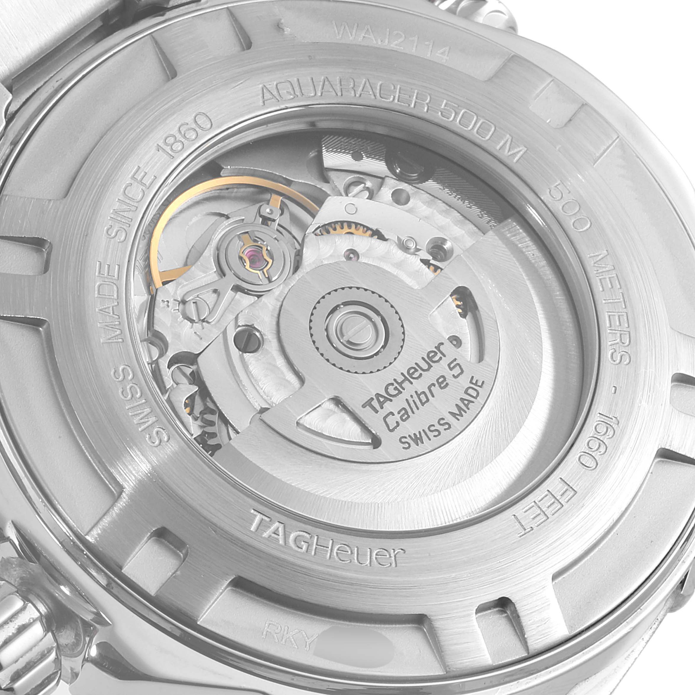 This image shows the back view of a Tag Heuer Aquaracer WAJ2114 Men's Stainless Steel Black Dial WAJ2114 Men's Stainless Steel Black Dial watch, revealing its Calibre 5 automatic movement and inner mechanisms.