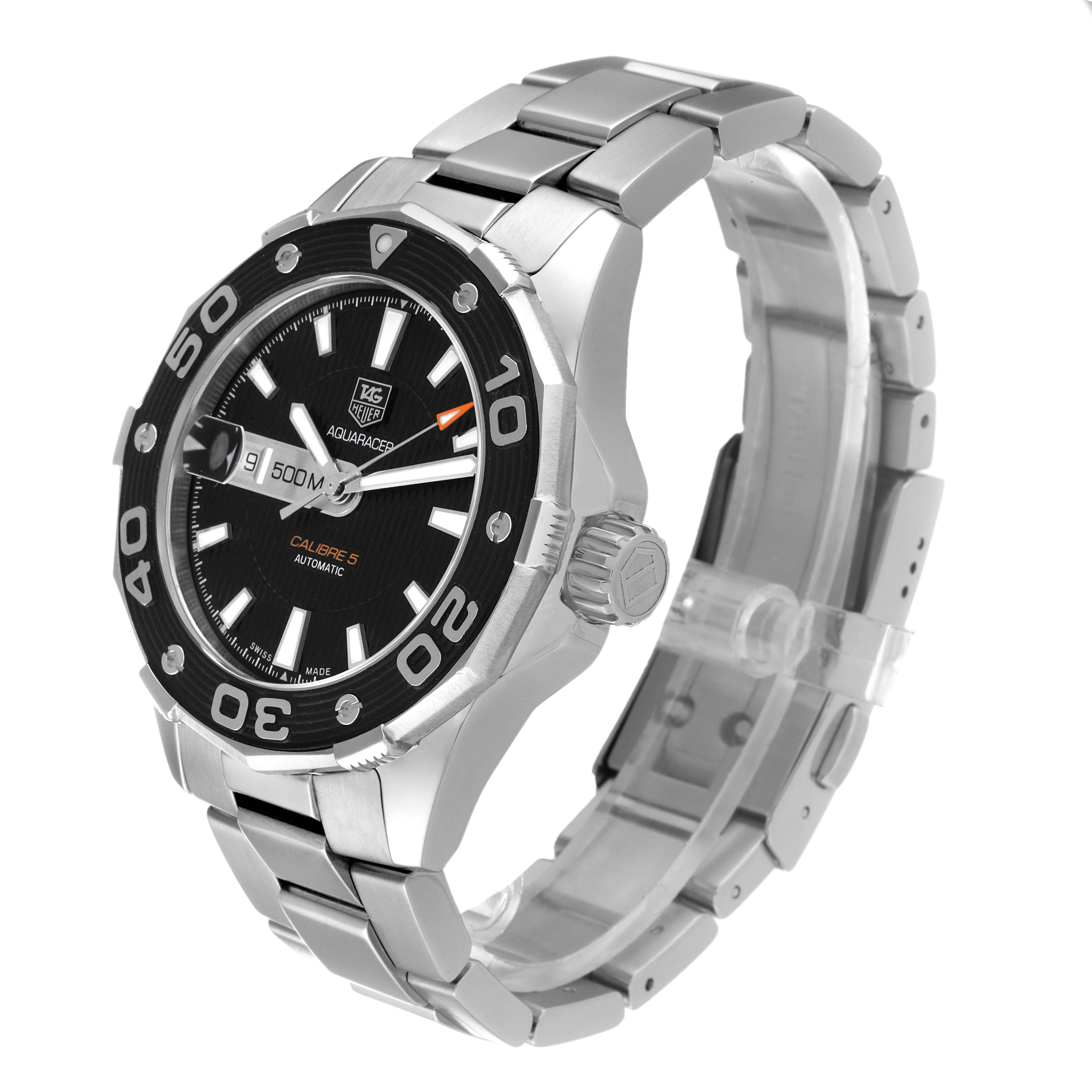 The image shows a side angle of the Tag Heuer Aquaracer WAJ2114 Men's Stainless Steel Black Dial WAJ2114 Men's Stainless Steel Black Dial watch, highlighting the bezel, dial, crown, and metal bracelet.