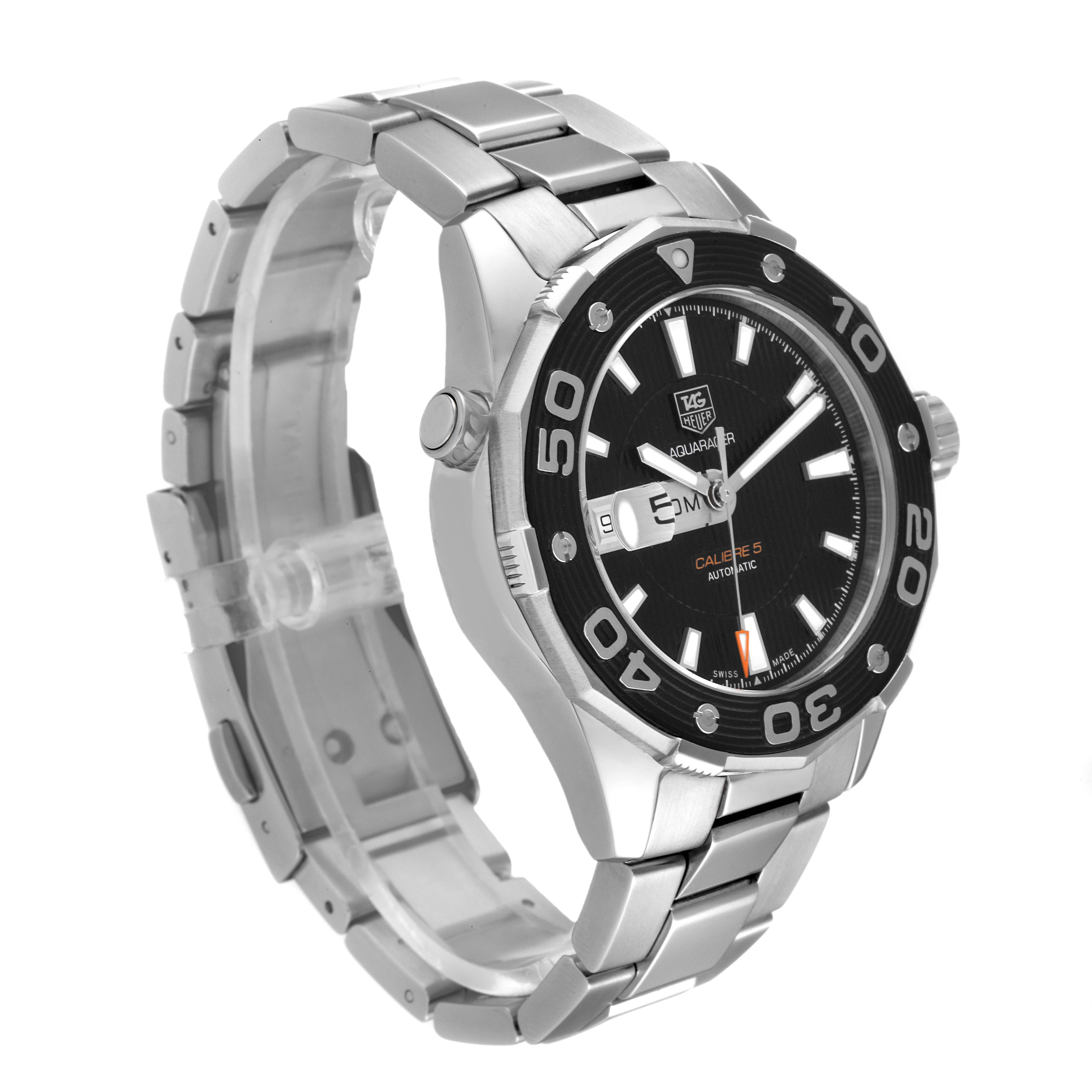 The image shows a side-angled view of a Tag Heuer Aquaracer WAJ2114 Men's Stainless Steel Black Dial WAJ2114 Men's Stainless Steel Black Dial watch, displaying its bezel, dial, and stainless steel bracelet.