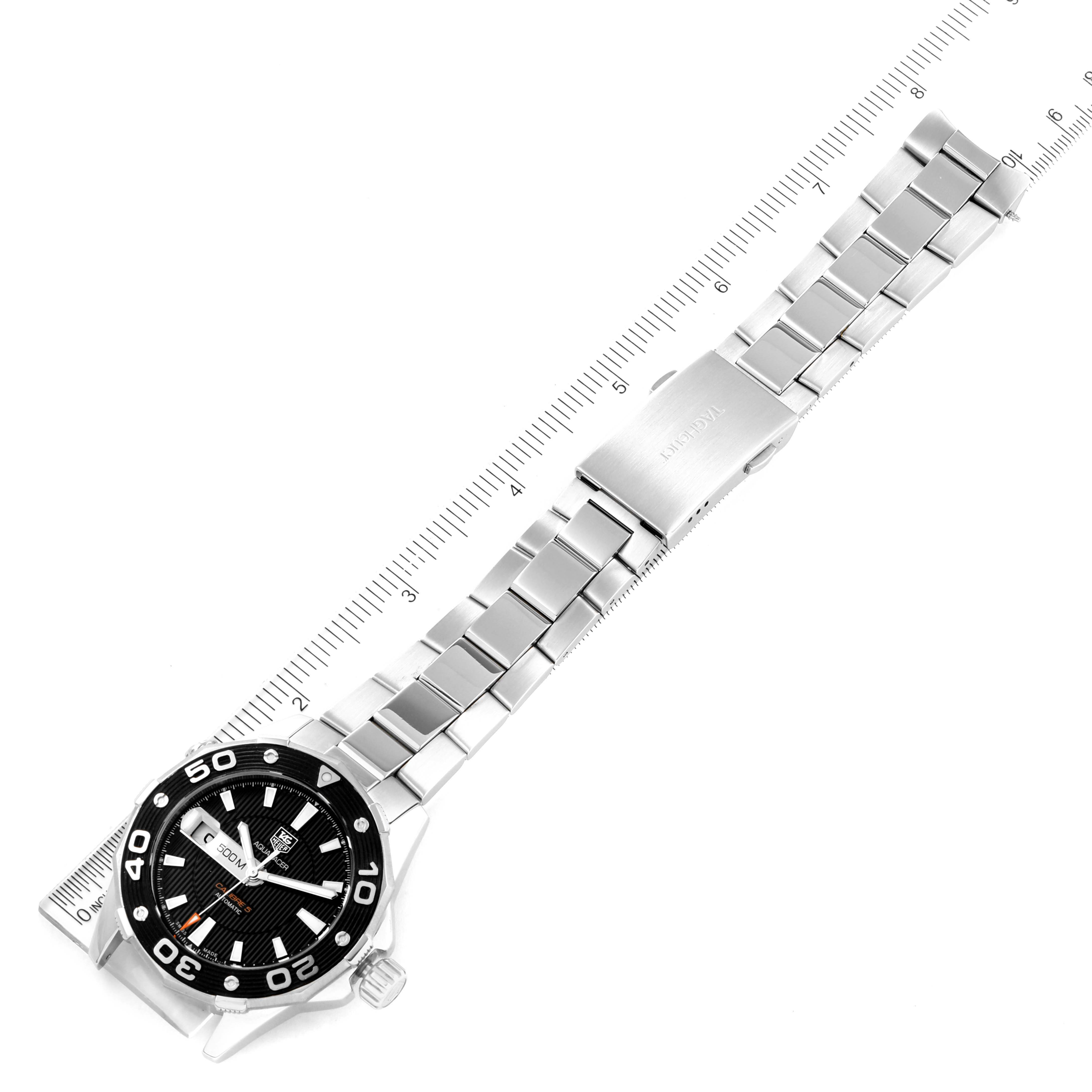 The image shows a Tag Heuer Aquaracer WAJ2114 Men's Stainless Steel Black Dial WAJ2114 Men's Stainless Steel Black Dial watch laid flat with a full view of the face, bezel, bracelet, and clasp from above.