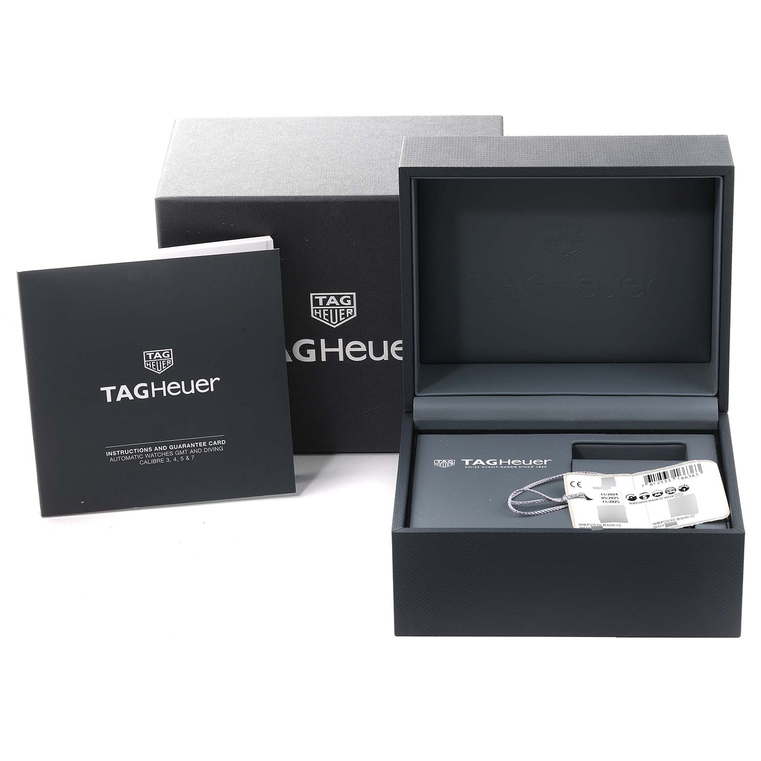 The image shows the packaging, open box, instruction manual, and warranty card of a Tag Heuer Aquaracer WBP2010.BA0632 Men's Stainless Steel Blue Dial WBP2010.BA0632 Men's Stainless Steel Blue Dial watch.