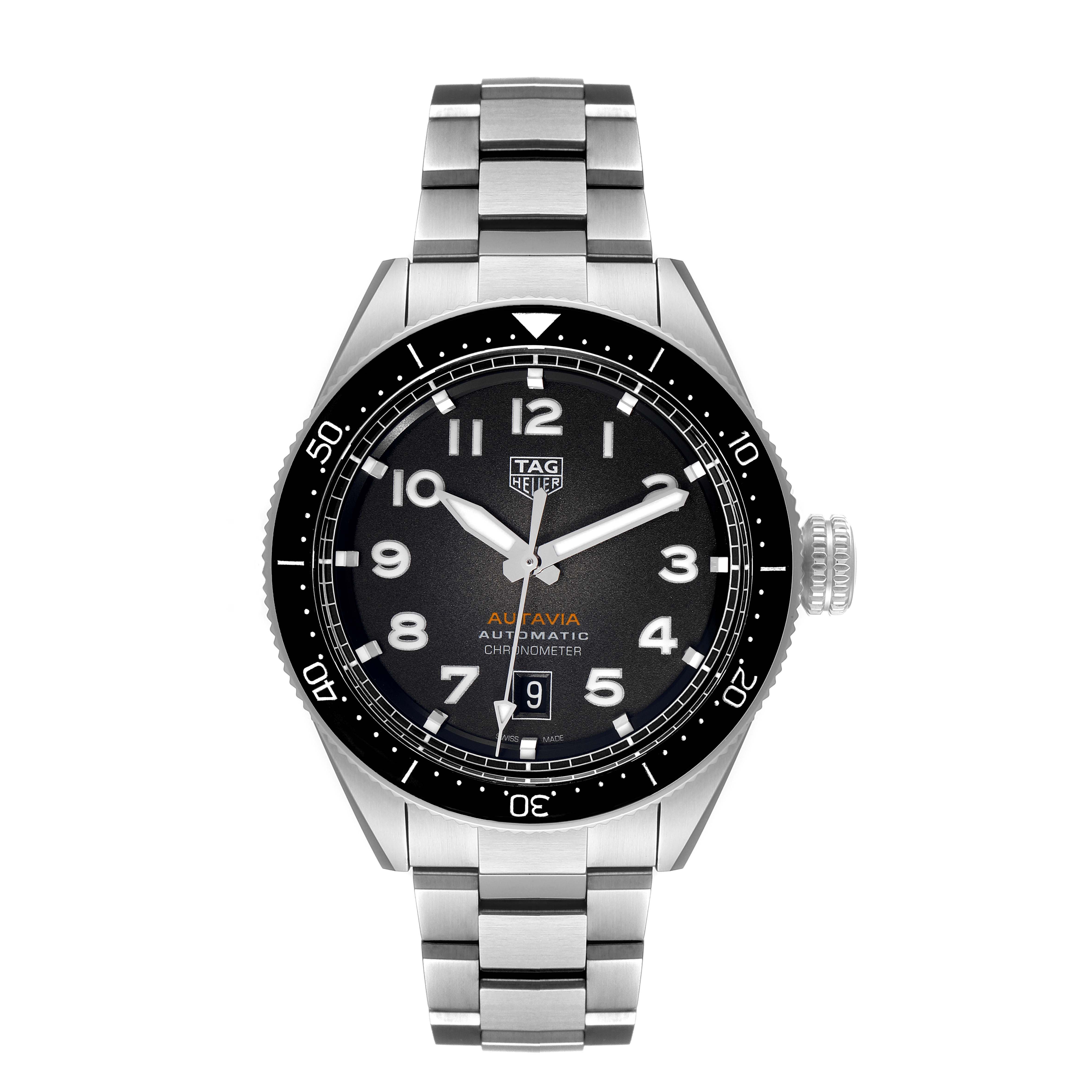 The image shows a front view of a Tag Heuer Autavia WBE5114.EB0173 Men's Stainless Steel Brown Dial WBE5114.EB0173 Men's Stainless Steel Brown Dial watch displaying the dial, bezel, crown, and bracelet.