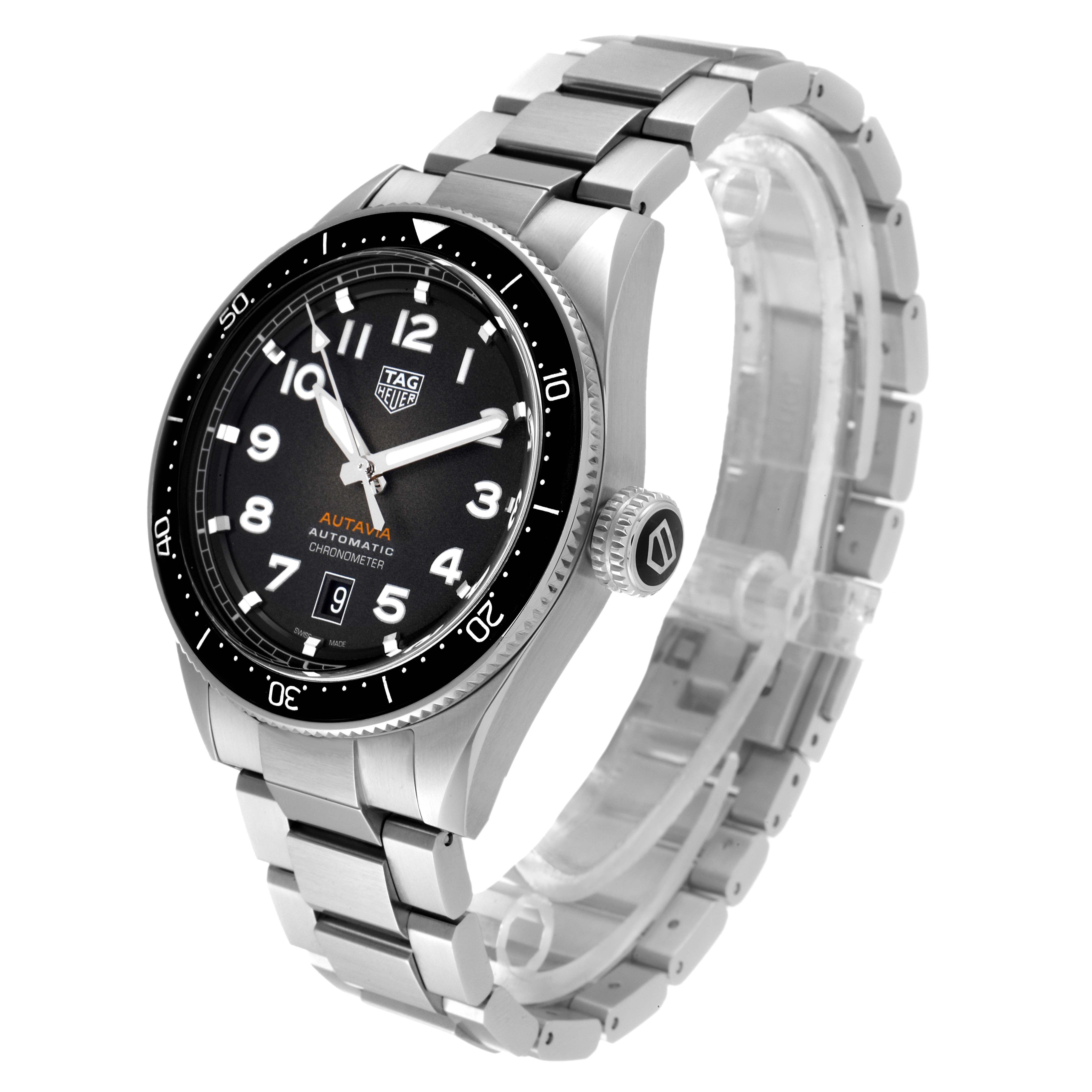 The Tag Heuer Autavia WBE5114.EB0173 Men's Stainless Steel Brown Dial WBE5114.EB0173 Men's Stainless Steel Brown Dial watch is shown at a slight angle, highlighting the face, bezel, crown, and stainless steel bracelet.