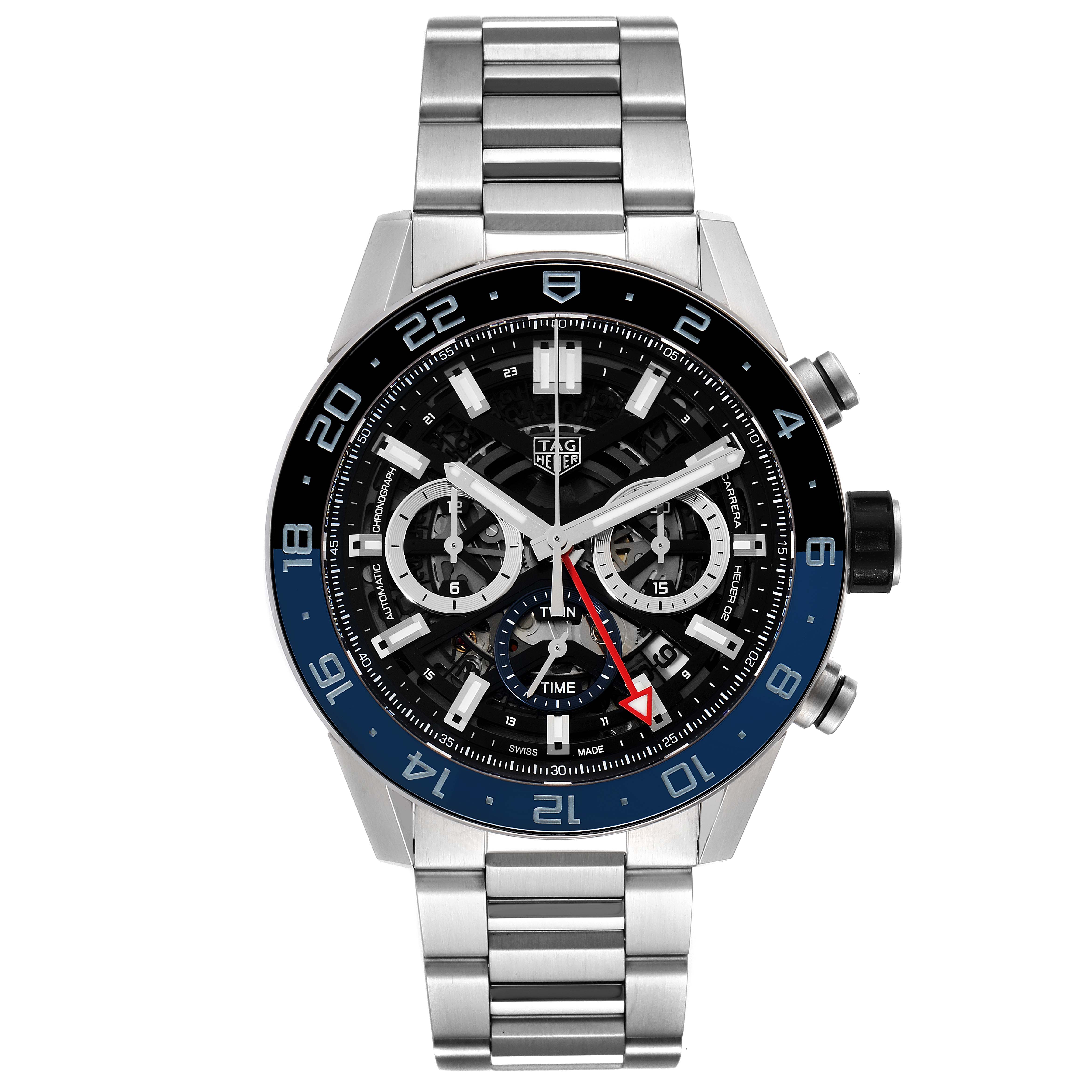 The image shows a front view of the Tag Heuer Carrera CBG2A1Z.BA0658 Men
s Stainless Steel Black Dial CBG2A1Z.BA0658 Men
s Stainless Steel Black Dial model watch, highlighting its dial, bezel, and metal bracelet.
