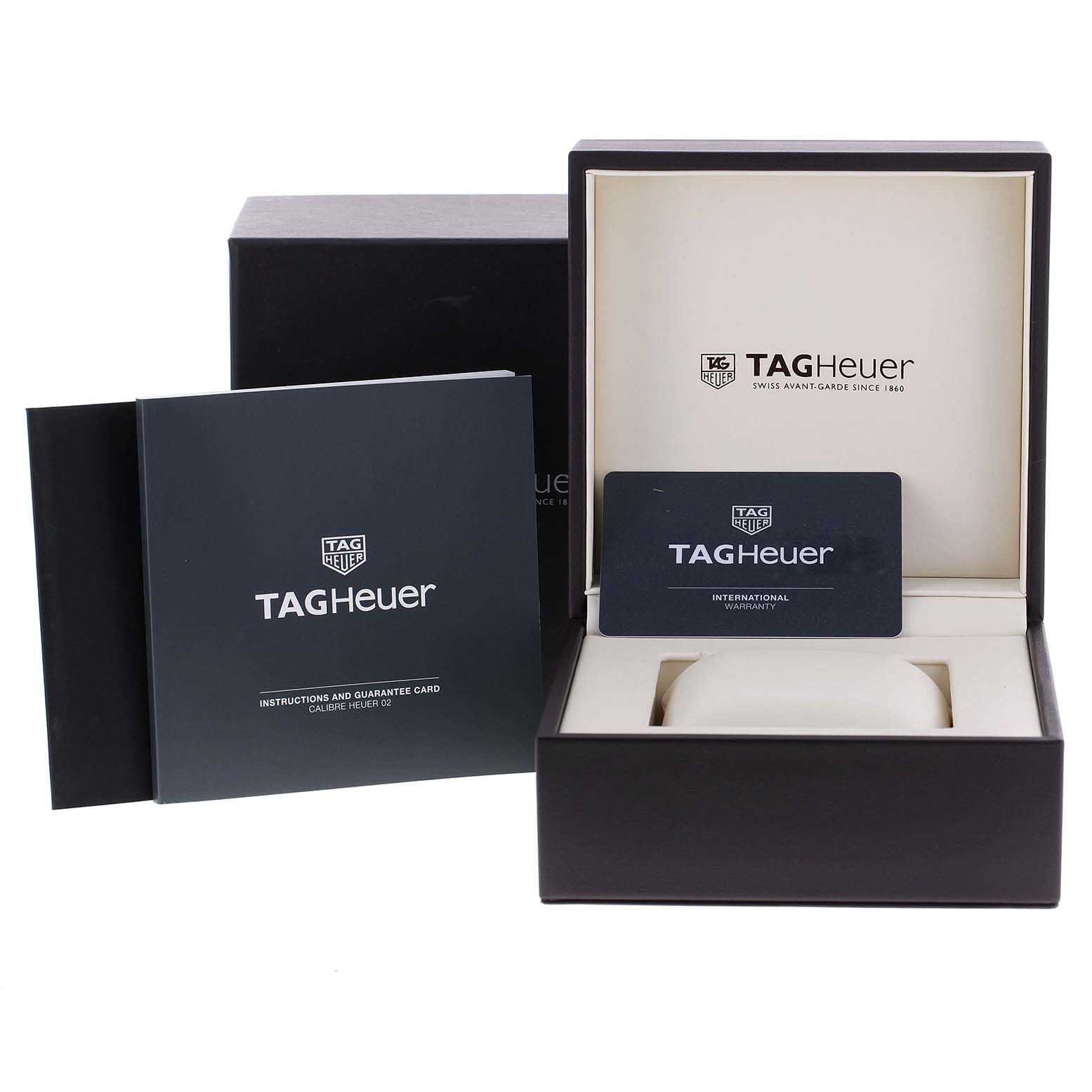 The image shows the packaging, international warranty card, and instruction booklet for a Tag Heuer Carrera CBG2A1Z.BA0658 Men
s Stainless Steel Black Dial CBG2A1Z.BA0658 Men
s Stainless Steel Black Dial watch.